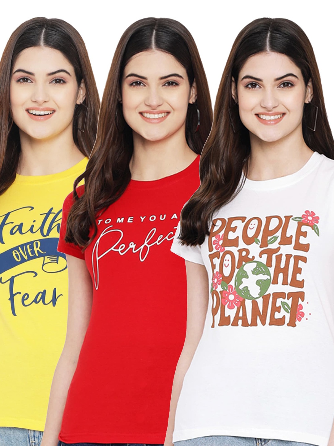 

Fabflee Pack Of 3 Typography Printed Cotton T-shirt, Yellow