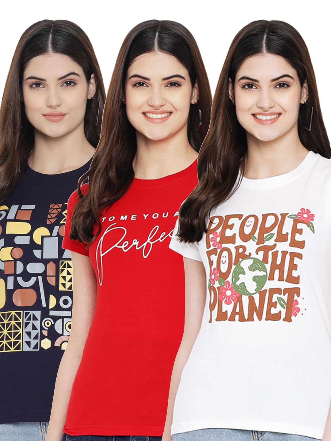 

Fabflee Pack Of 3 Typography Printed Cotton T-shirt, Red