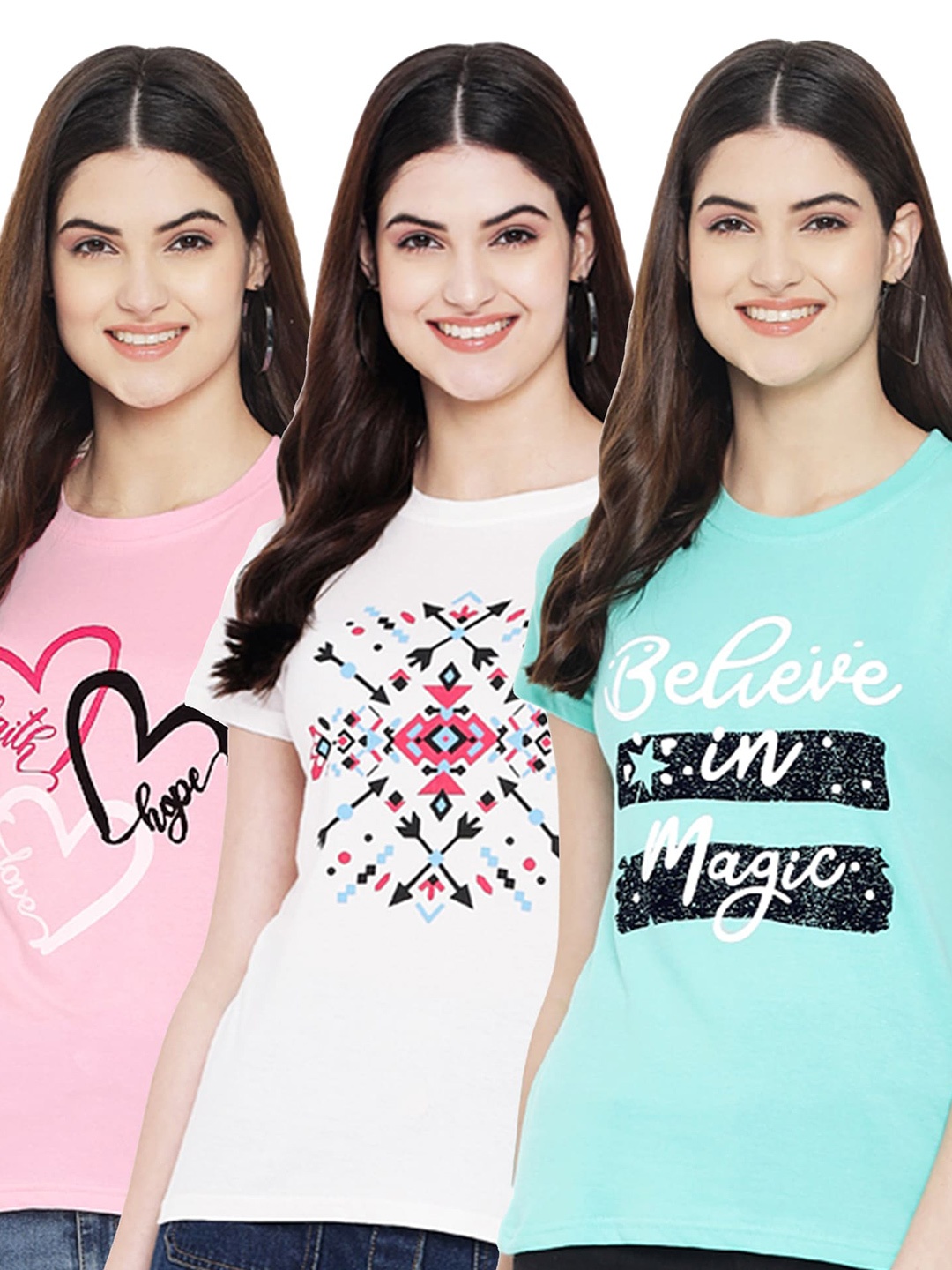 

Fabflee Pack Of 3 Typography Printed Cotton T-shirt, Pink