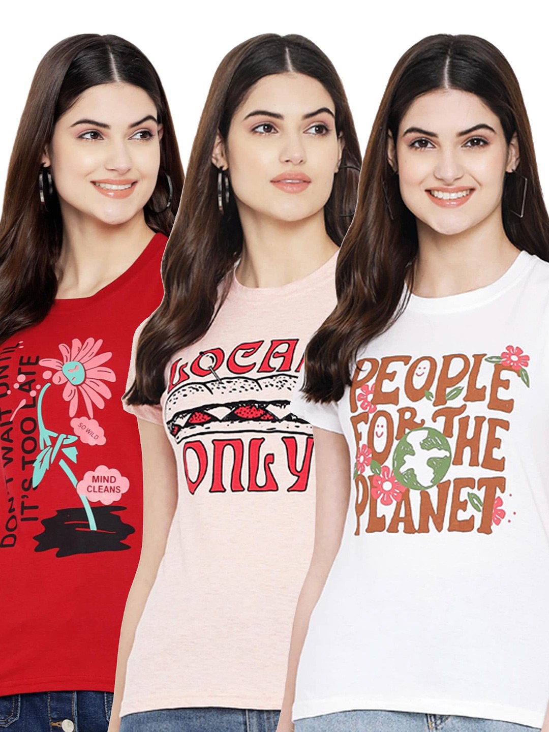 

Fabflee Pack Of 3 Typography Printed Cotton T-shirt, Red