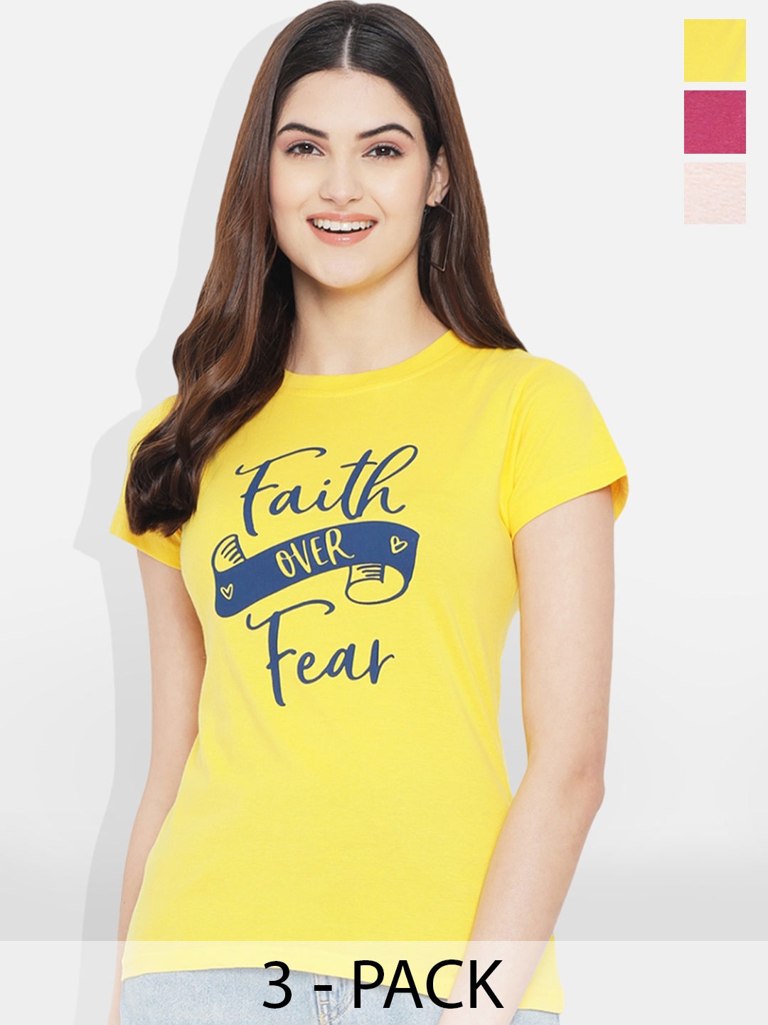 

Fabflee Pack Of 3 Typography Printed Cotton T-shirt, Pink