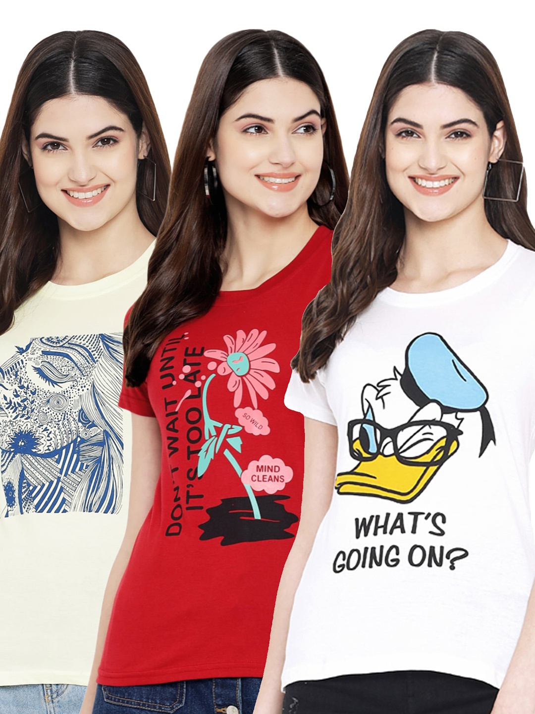 

Fabflee Pack Of 3 Graphic Printed Short Sleeves Cotton T-shirt, Yellow