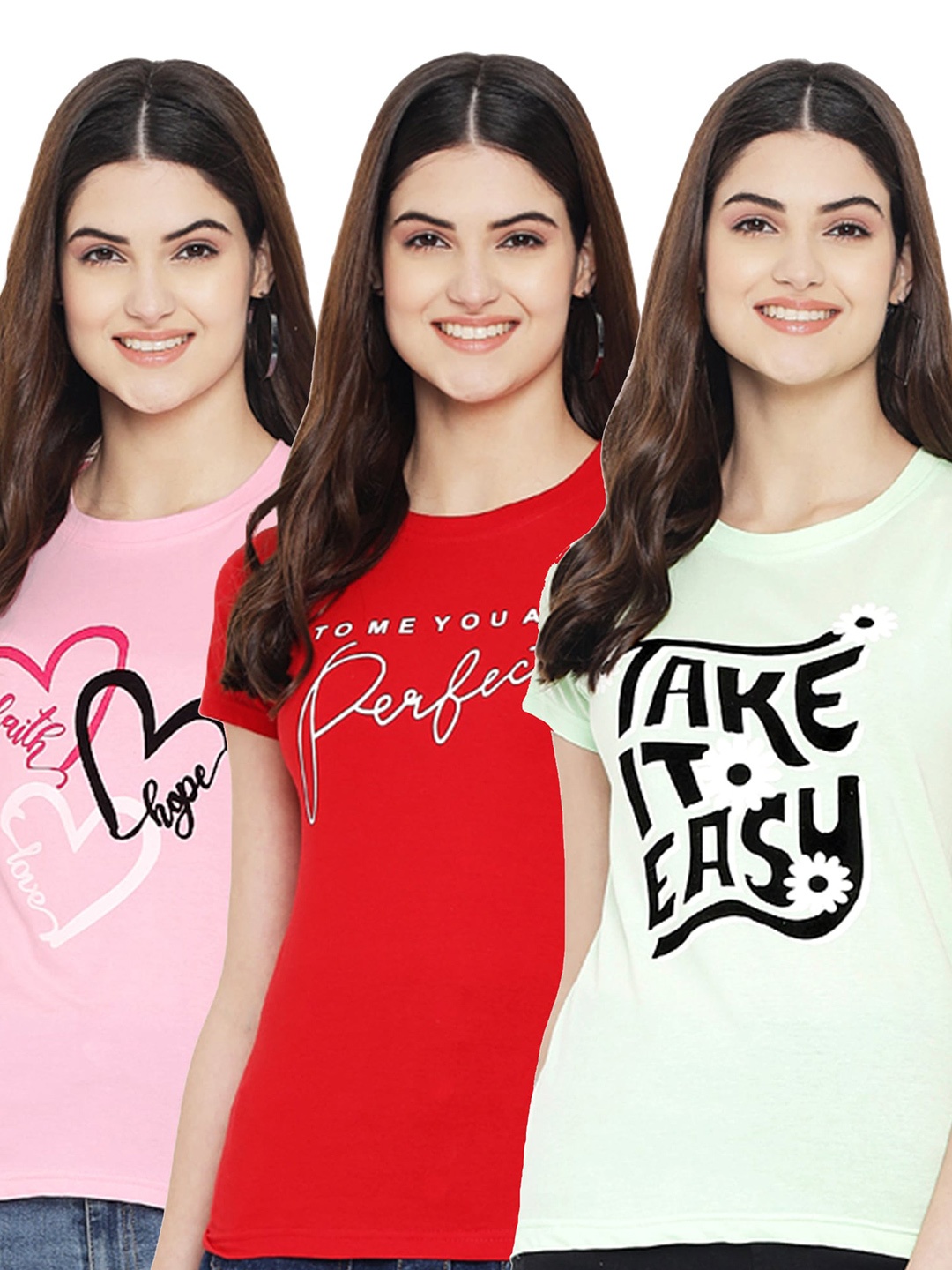 

Fabflee Pack Of 3 Typography Printed Cotton T-shirt, Pink
