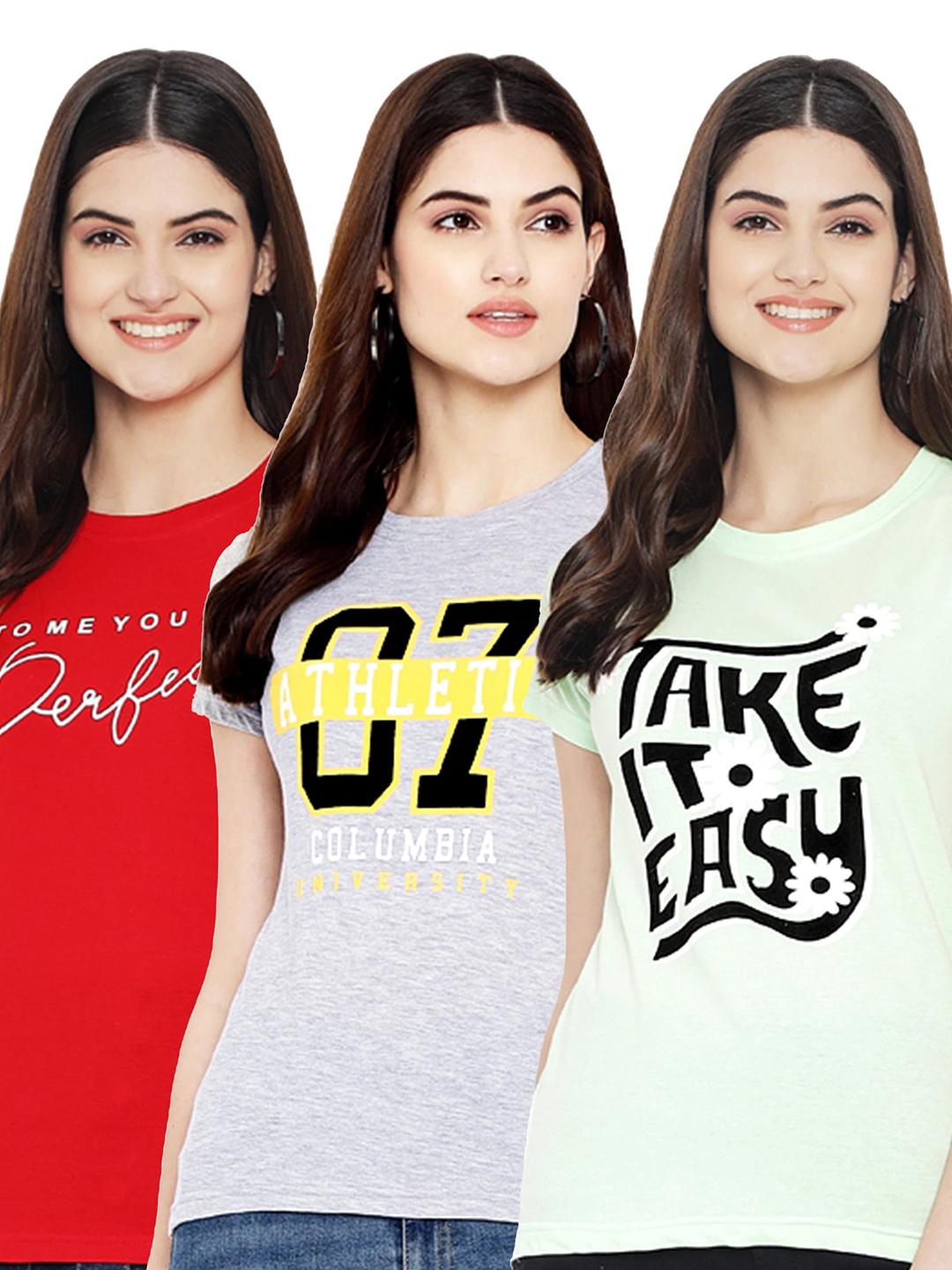 

Fabflee Pack Of 3 Typography Printed Cotton T-shirt, Red
