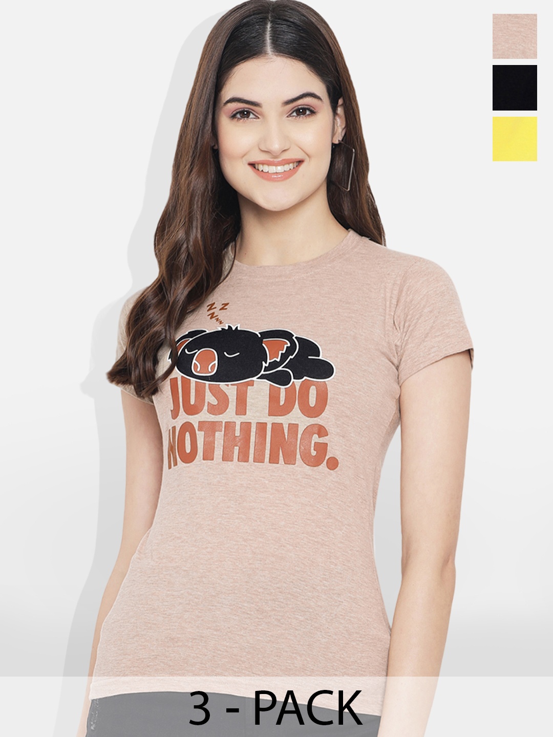 Fabflee Pack Of 3 Typography Printed Cotton T-shirt, Black