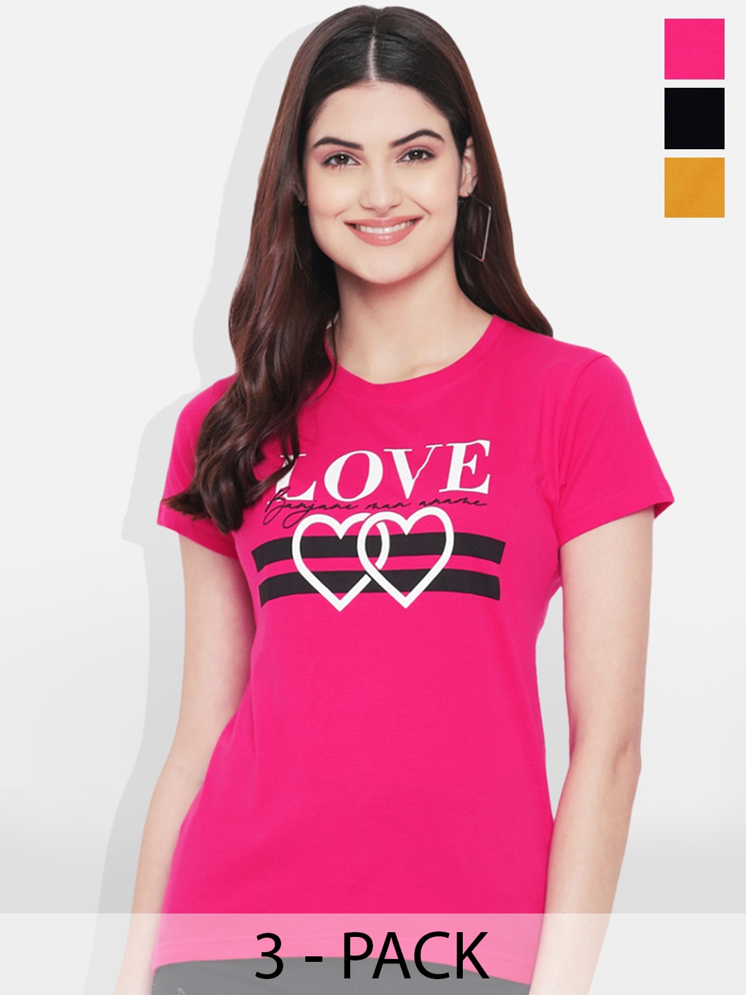 Fabflee Pack Of 3 Typography Printed Cotton T-shirt, Mustard