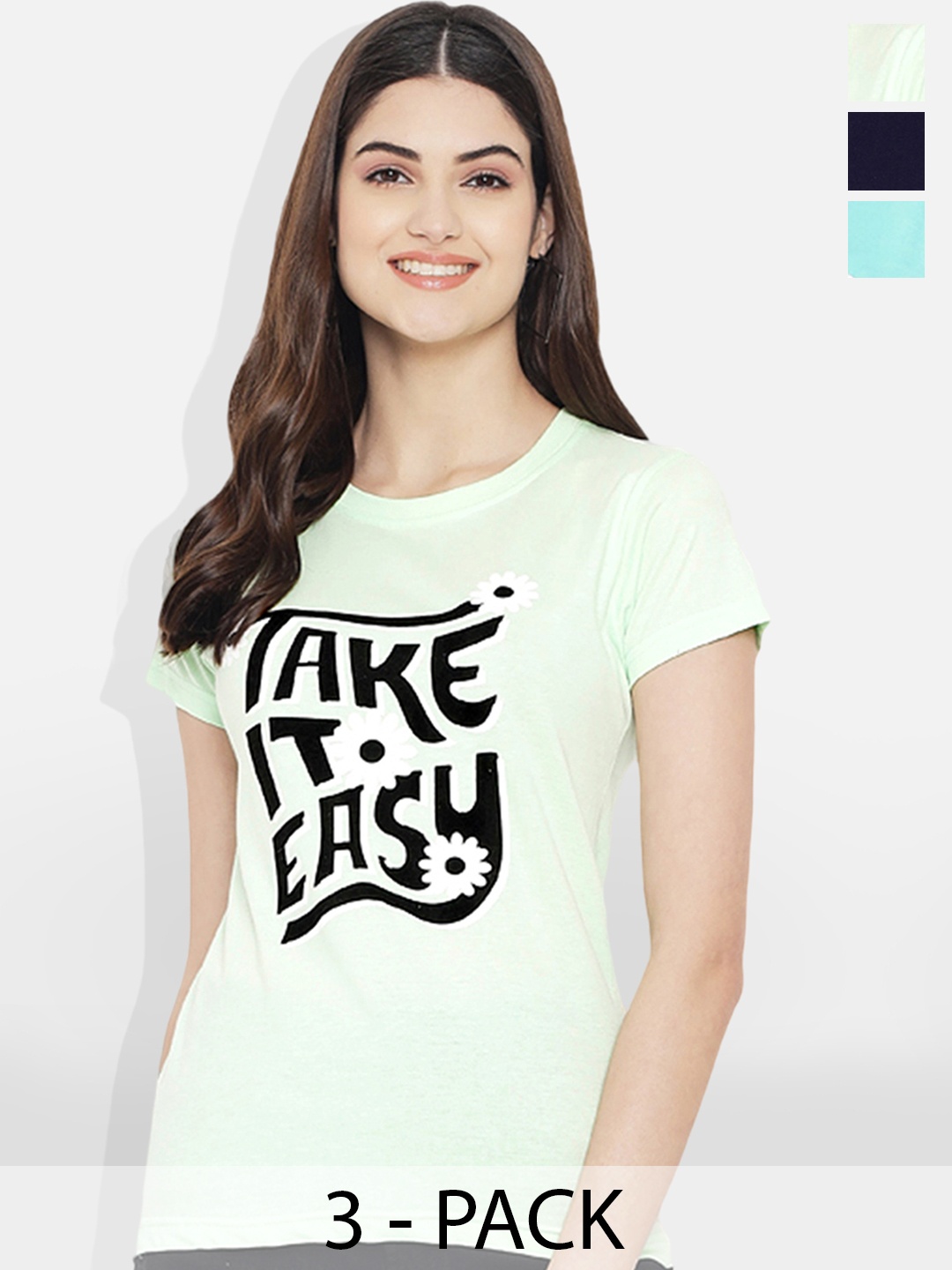 

Fabflee Women Multicoloured 4 Printed V-Neck Applique T-shirt, Multi