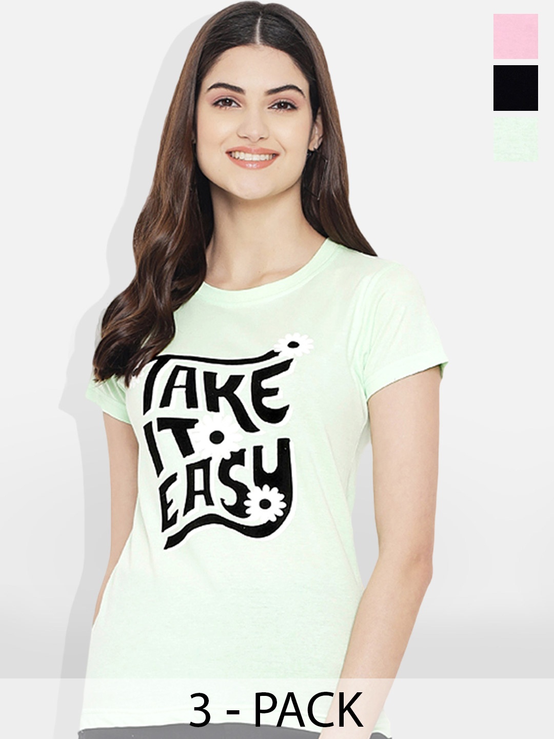 

Fabflee Women Multicoloured 4 Printed V-Neck Applique T-shirt, Multi
