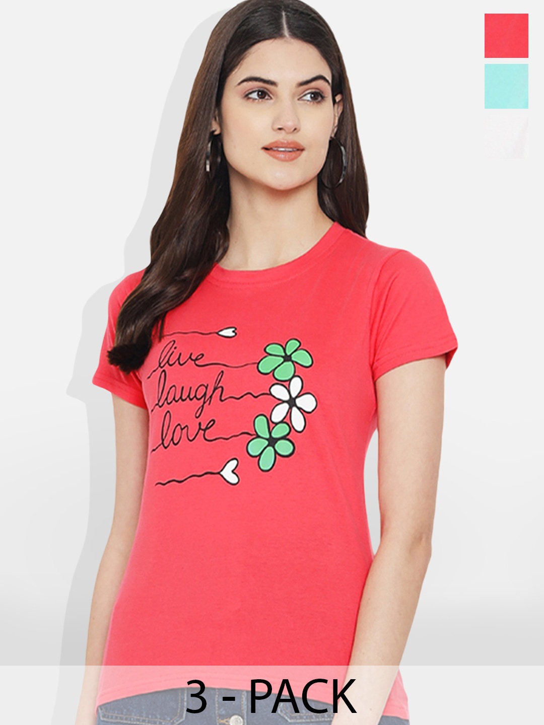 

Fabflee Women Multicoloured 4 Printed V-Neck Applique T-shirt, Multi