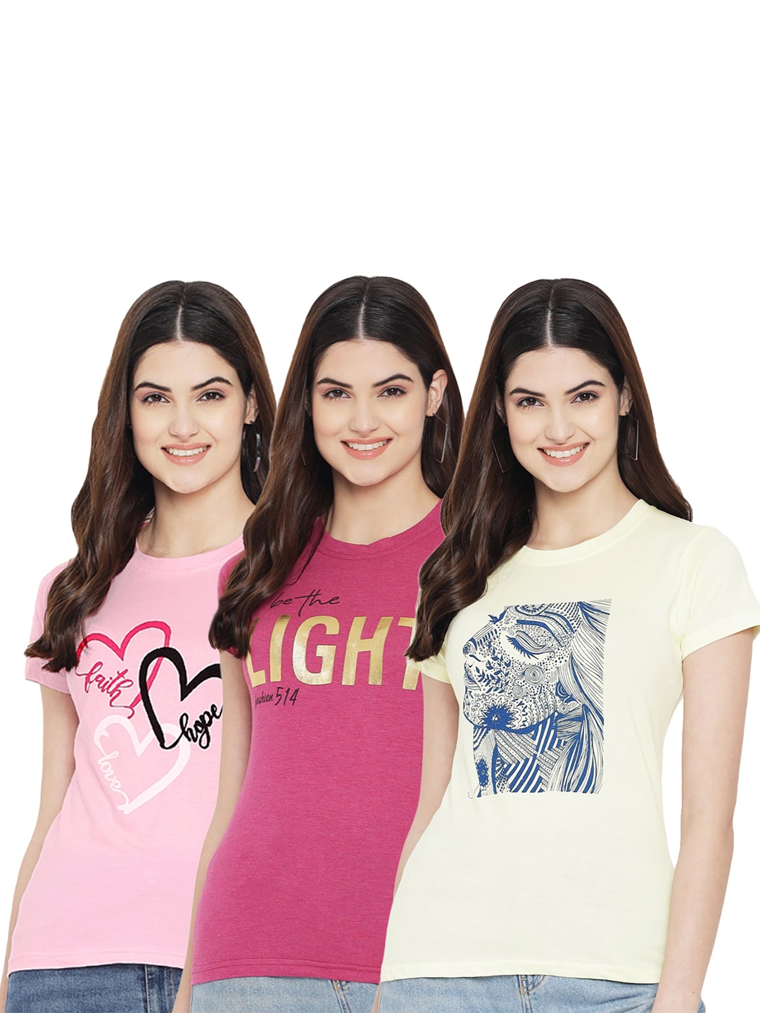 

Fabflee Pack Of 3 Typography Printed Short Sleeves Cotton T-shirt, Pink