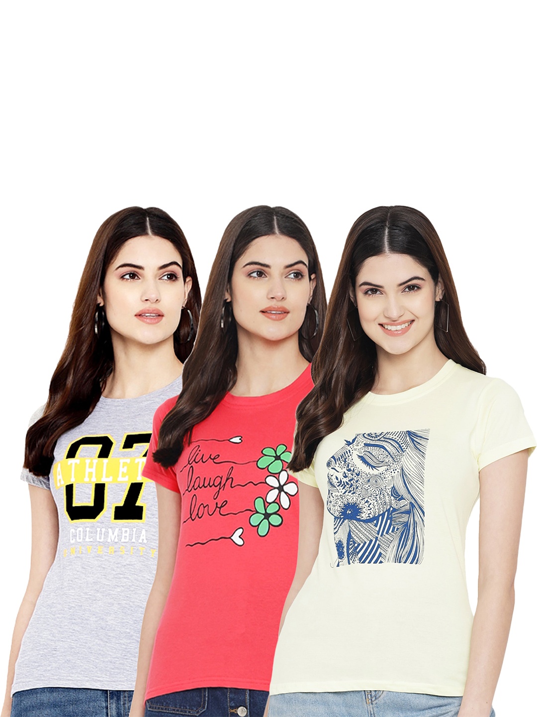 

Fabflee Pack Of 3 Typography Printed Cotton T-shirt, Grey melange