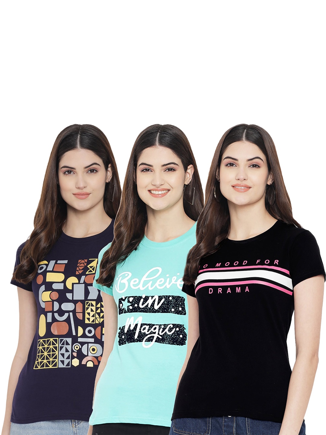 

Fabflee Pack Of 3 Typography Printed Cotton T-shirt, Navy blue