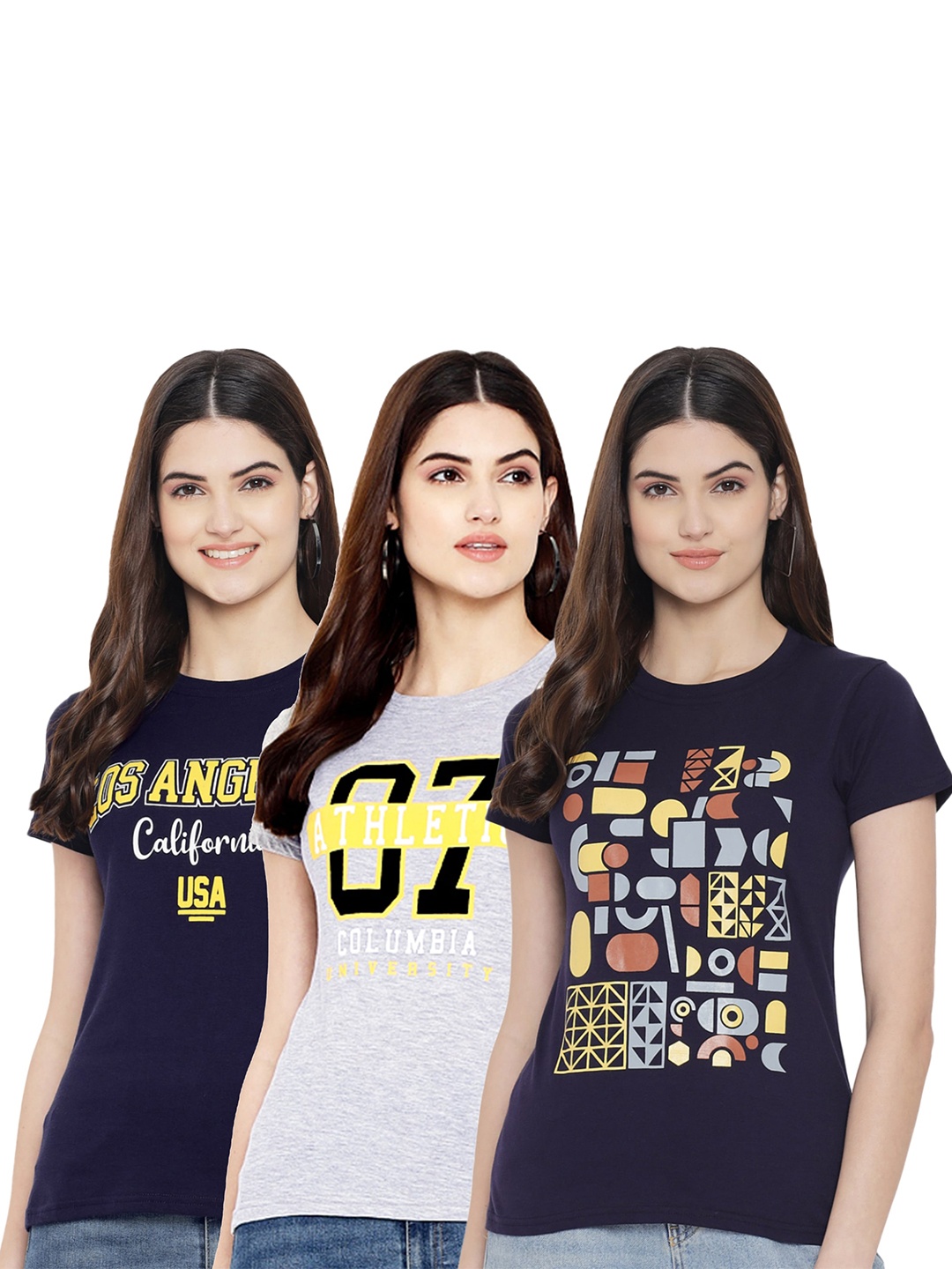 

Fabflee Pack Of 3 Graphic Printed Cotton T-shirt, Navy blue