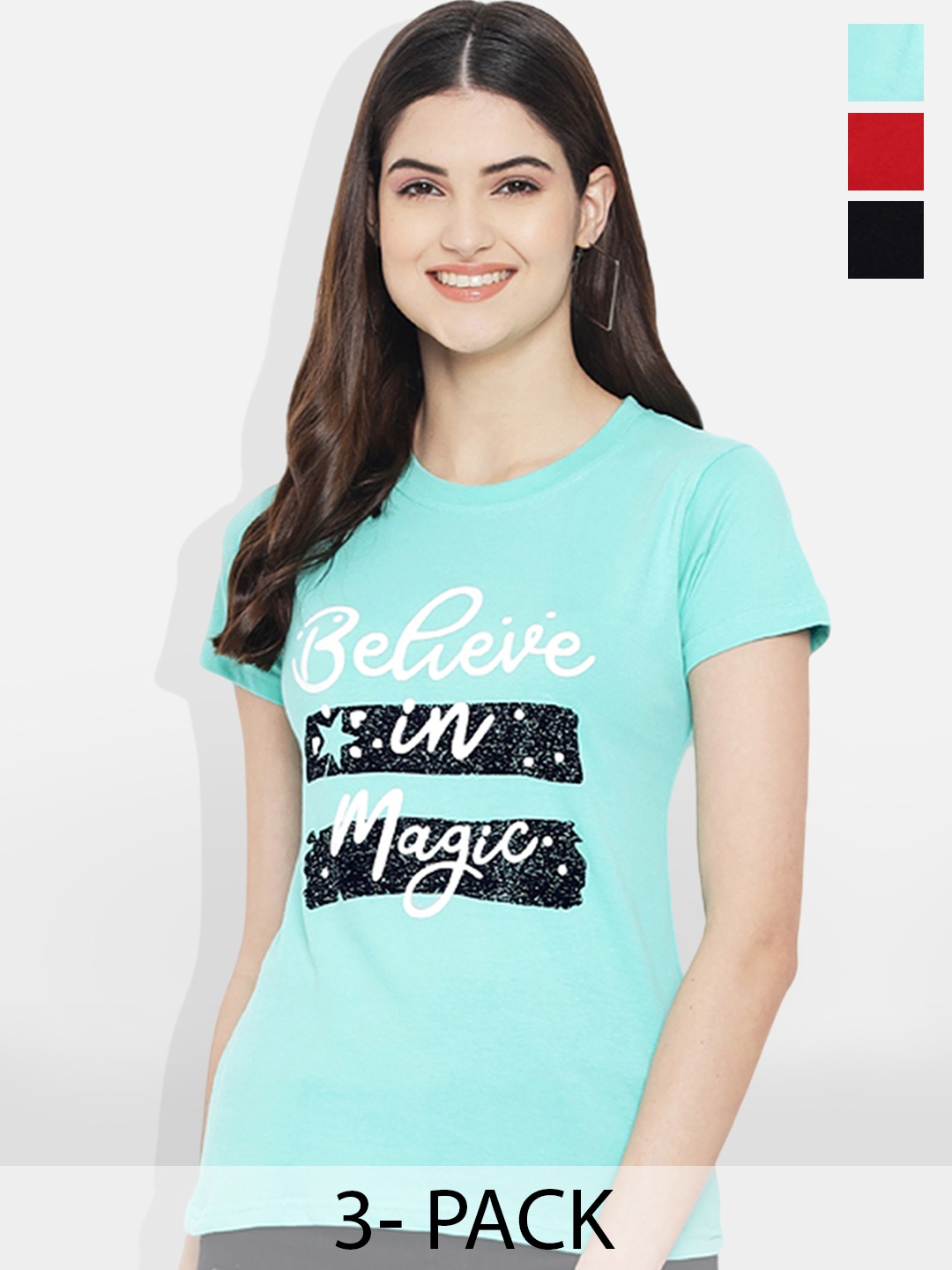 

Fabflee Pack Of 3 Typography Printed Cotton T-shirt, Red