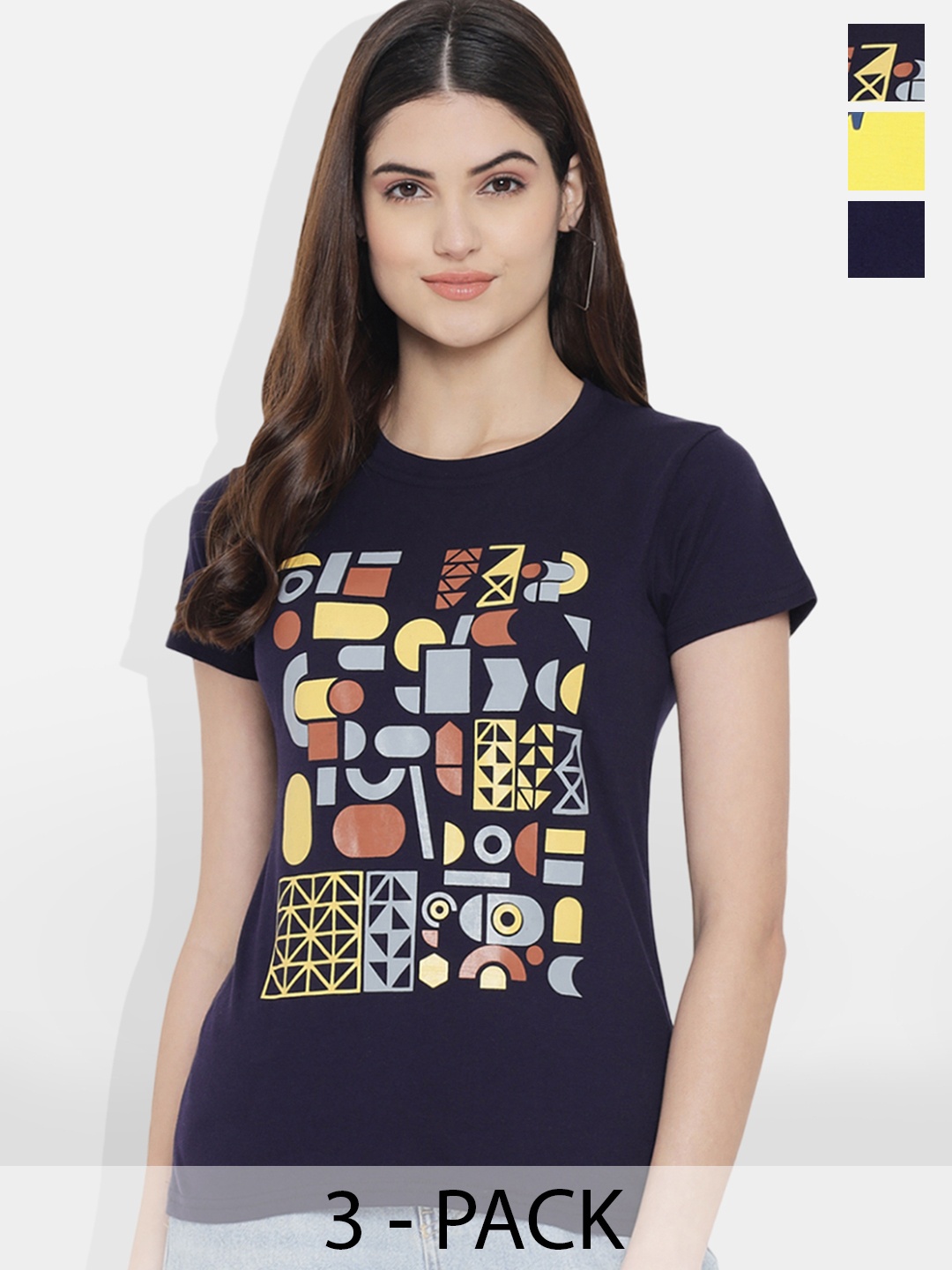 

Fabflee Pack Of 3 Typography Printed Cotton T-shirt, Navy blue