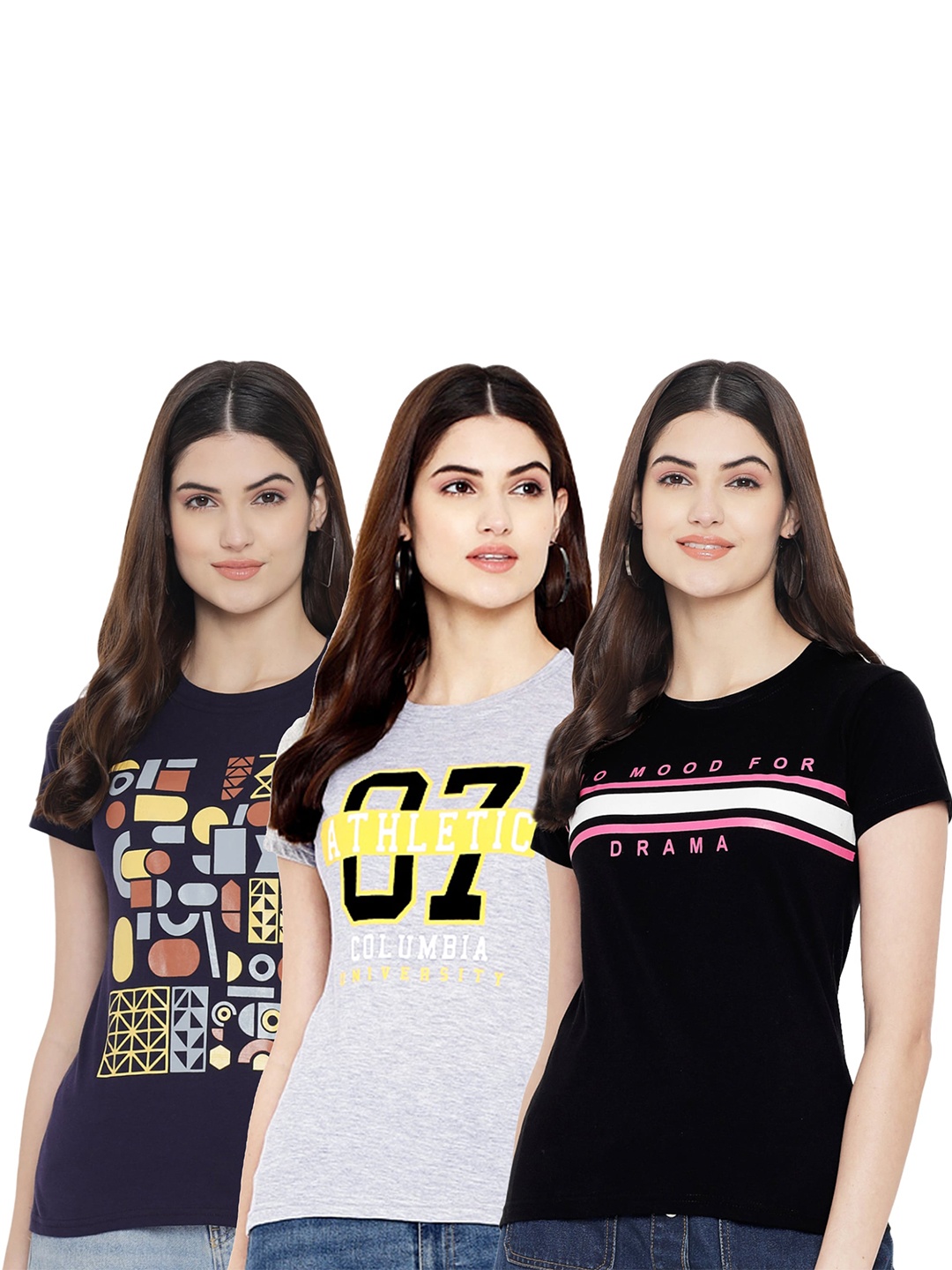 

Fabflee Pack Of 3 Typography Printed Cotton T-shirt, Navy blue