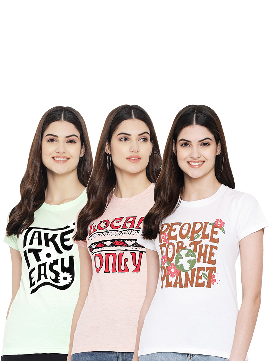 

Fabflee Pack Of 3 Typography Printed Cotton T-shirt, Green