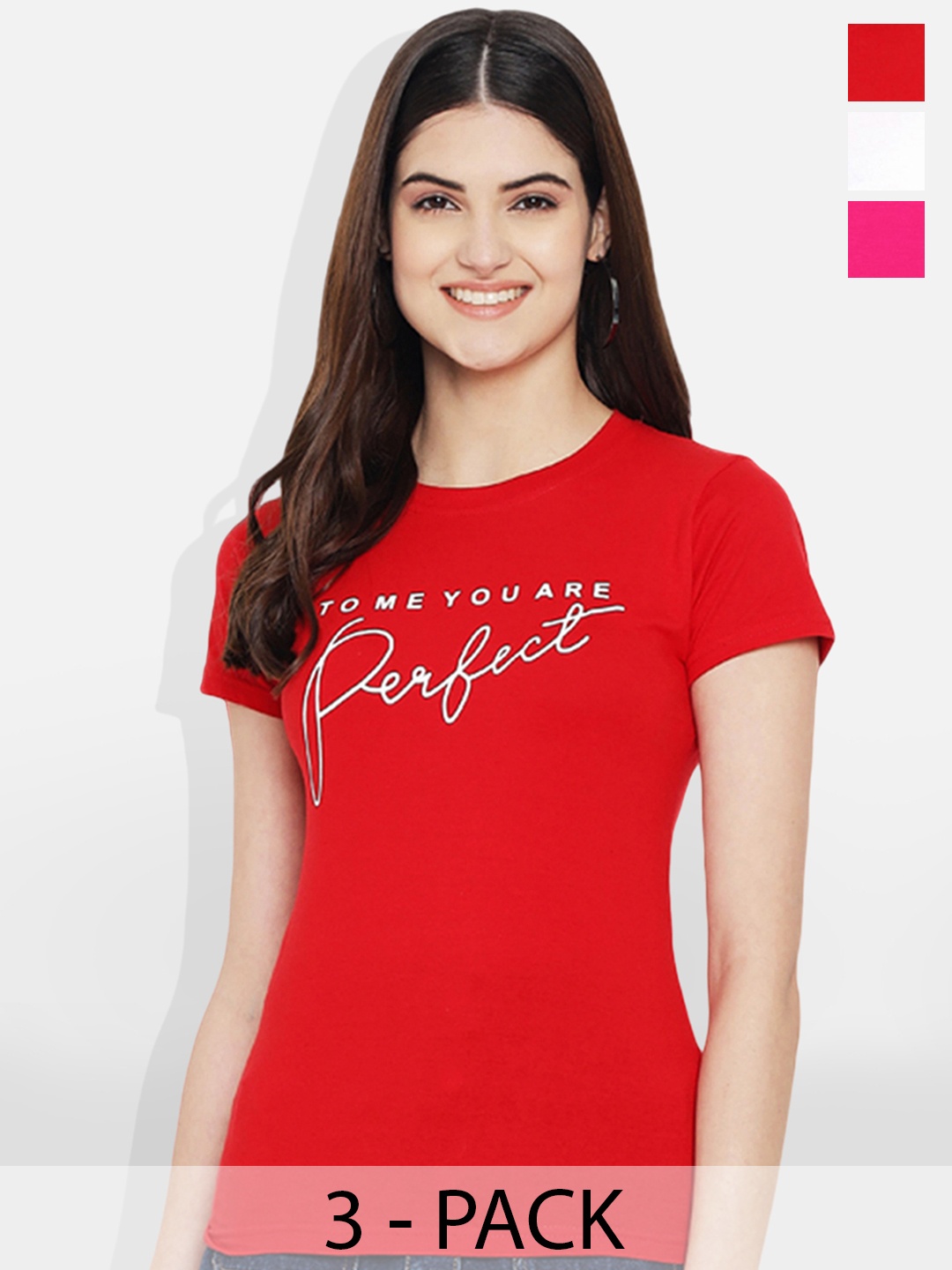 

Fabflee Pack Of 3Typography Printed Cotton T-shirt, Pink