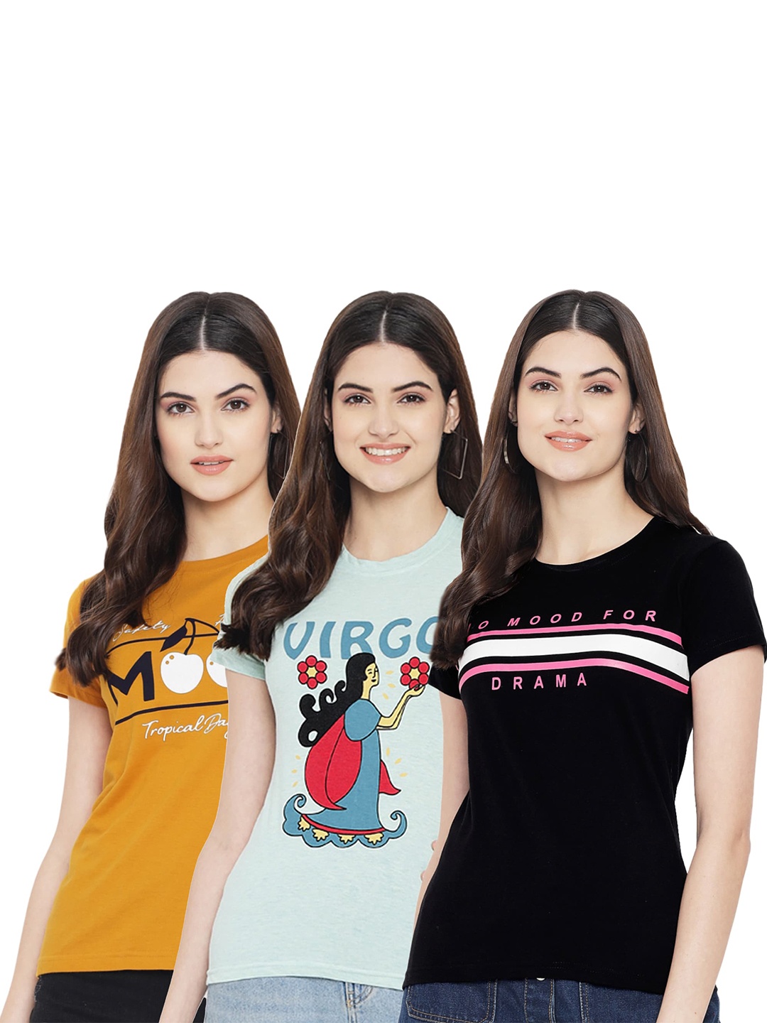 

Fabflee Pack Of 3 Typography Printed Cotton T-shirt, Yellow