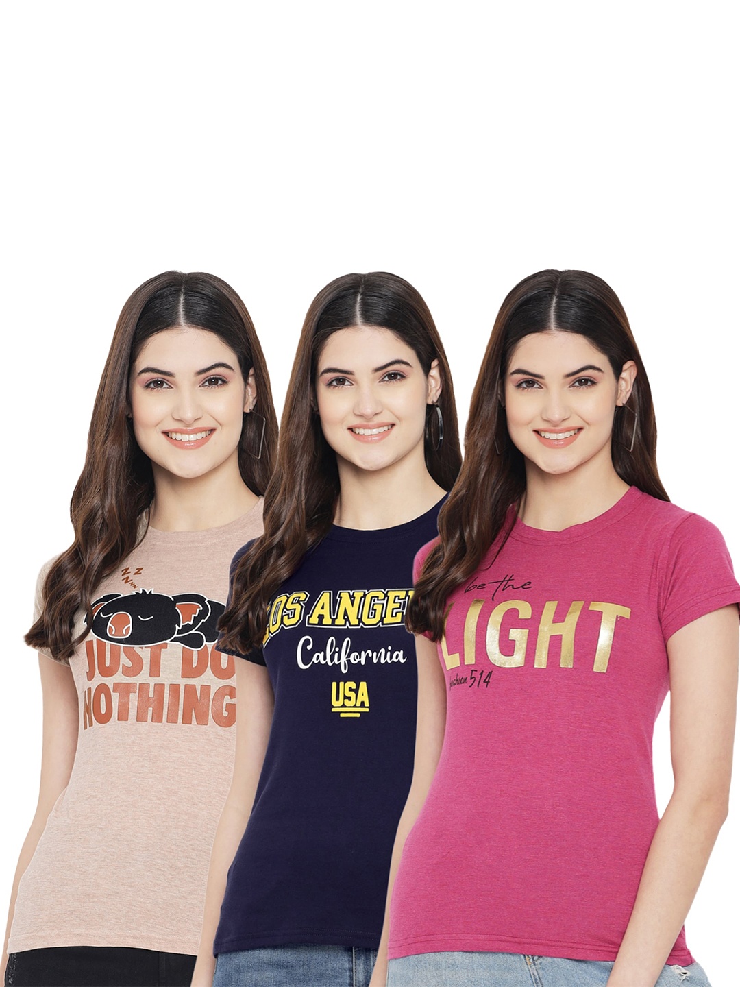 

Fabflee Pack Of 3 Typography Printed Cotton T-shirt, Brown