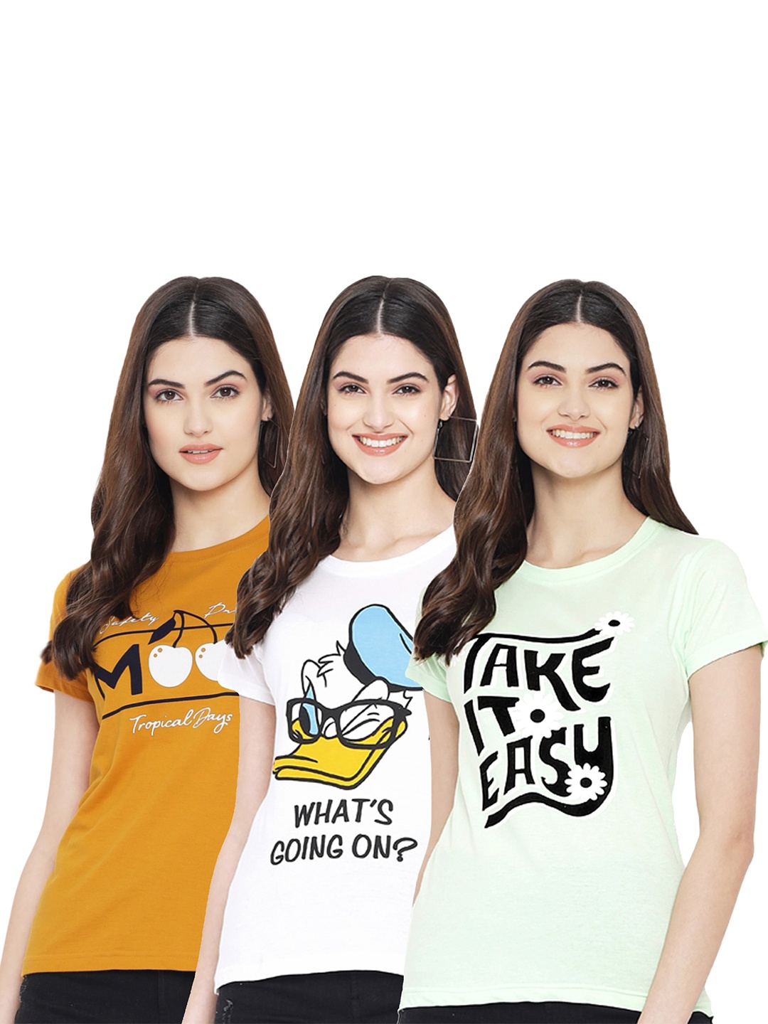 

Fabflee Pack Of 3 Typography Printed Cotton T-shirt, Yellow
