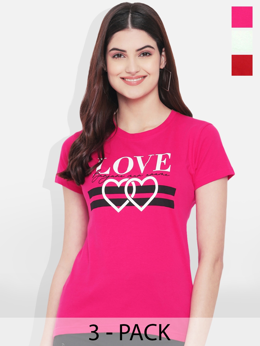 

Fabflee Pack Of 3 Typography Printed Cotton T-shirt, Pink