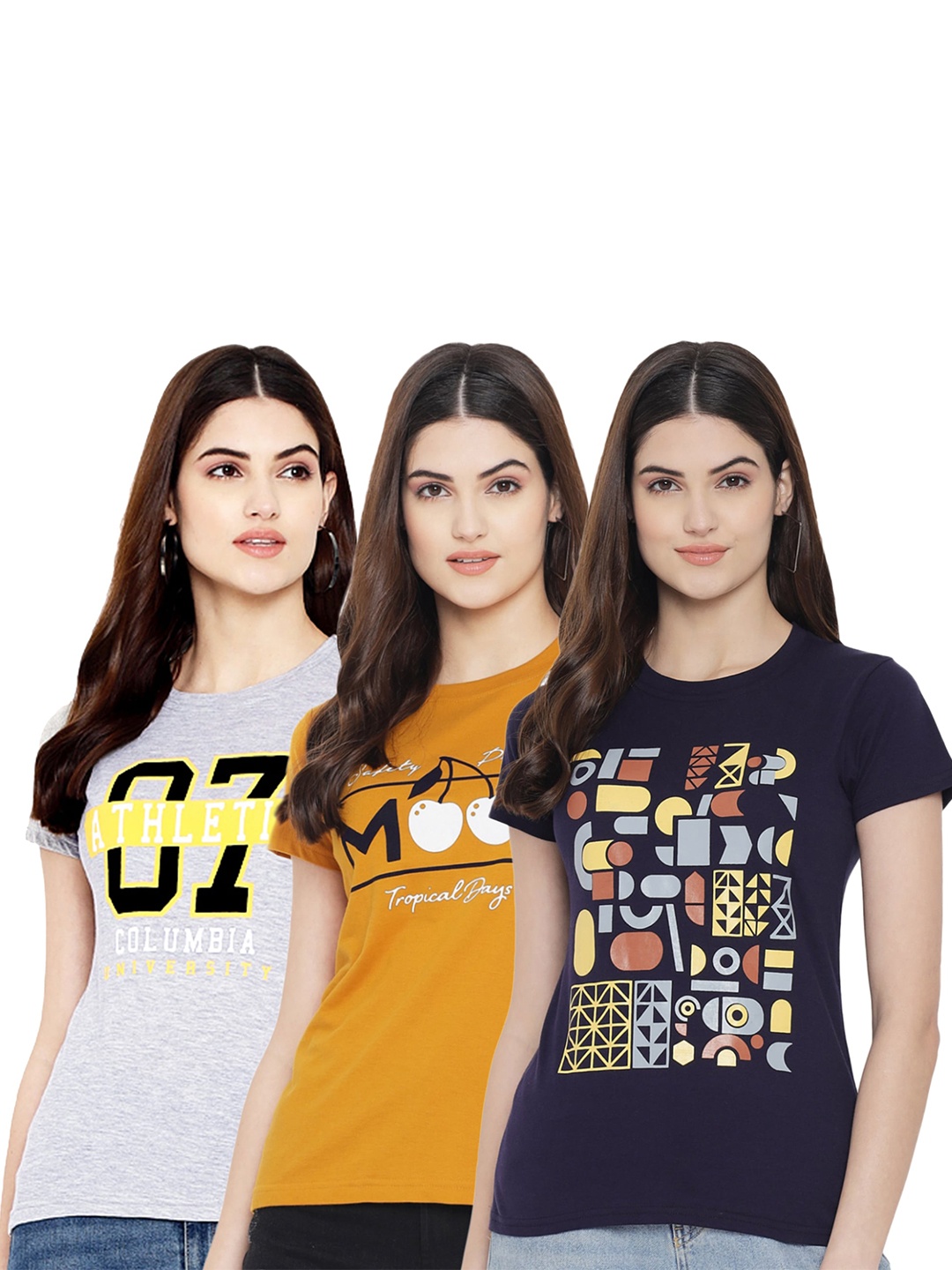 

Fabflee Pack Of 3 Typography Printed Cotton T-shirt, Grey melange
