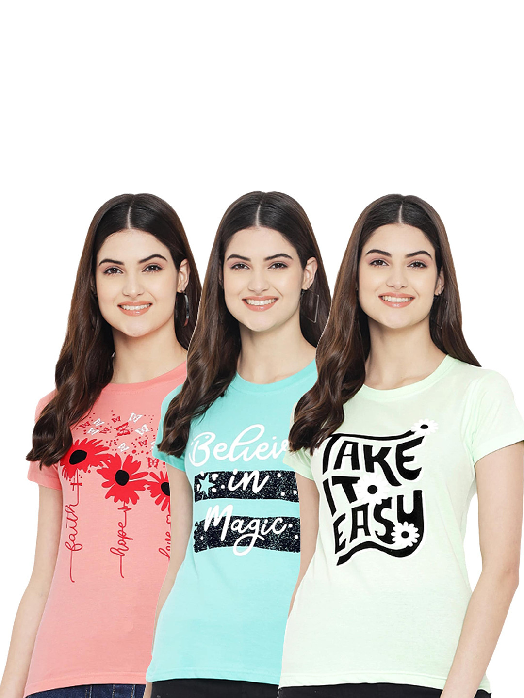 

Fabflee Pack Of 3 Typography Printed Cotton T-shirt, Pink