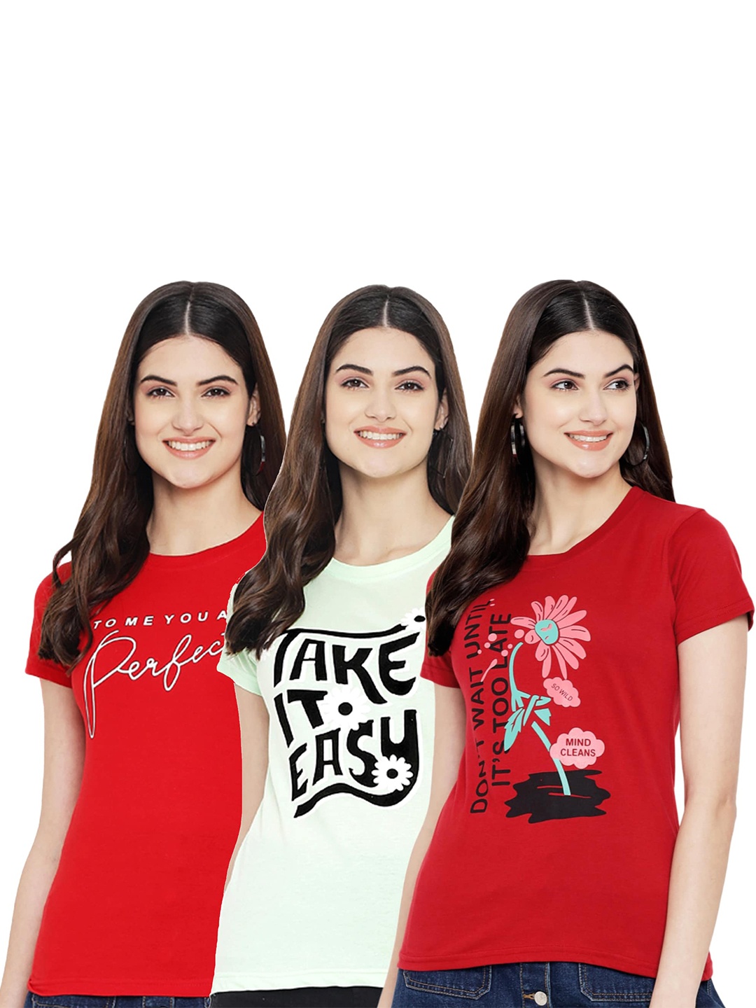 

Fabflee Pack Of 3 Typography Printed Cotton T-shirt, Red