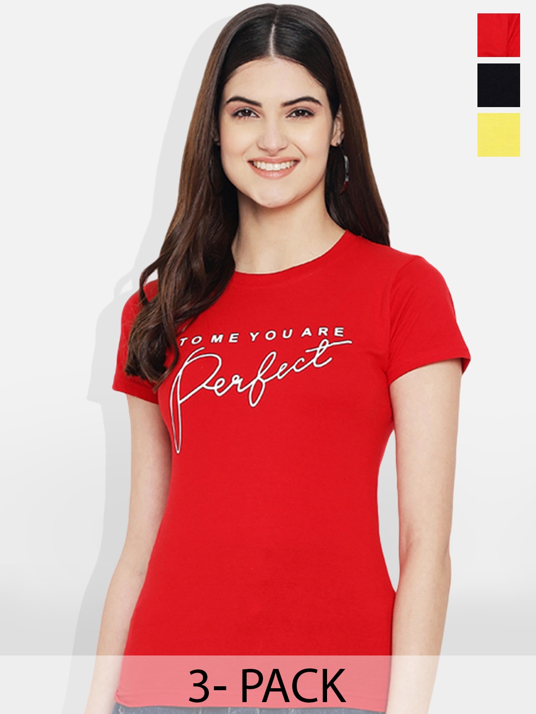 

Fabflee Pack Of 3 Typography Printed Cotton T-shirt, Red