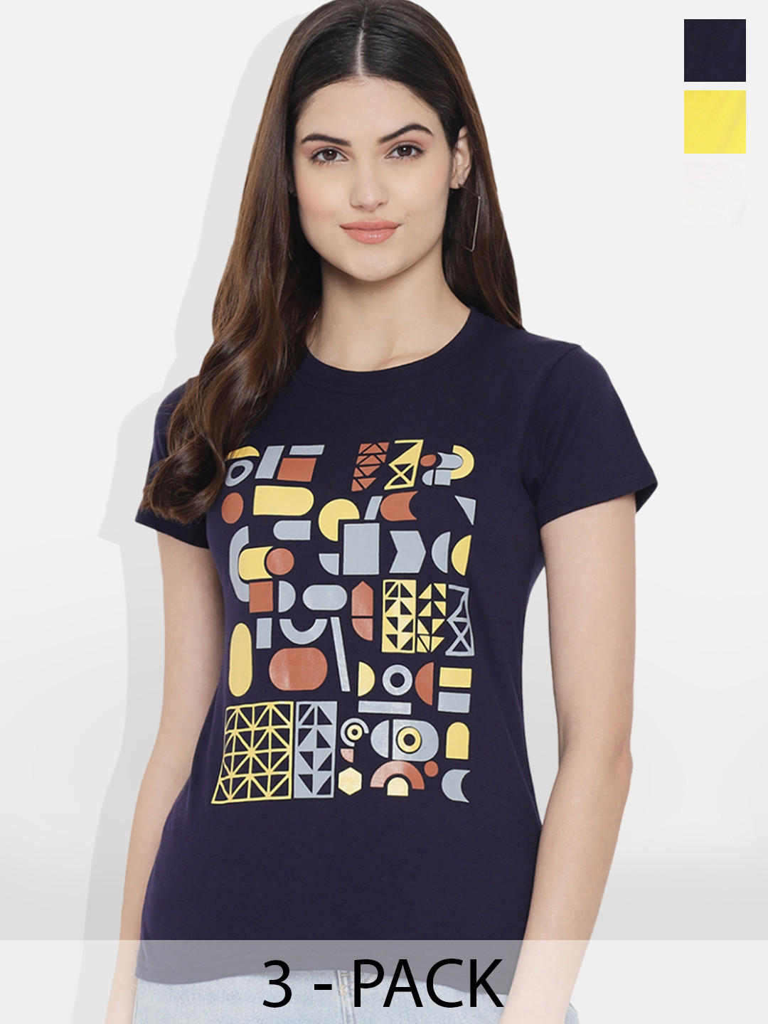 

Fabflee Pack Of 3 Geometric Printed Cotton T-shirt, Navy blue
