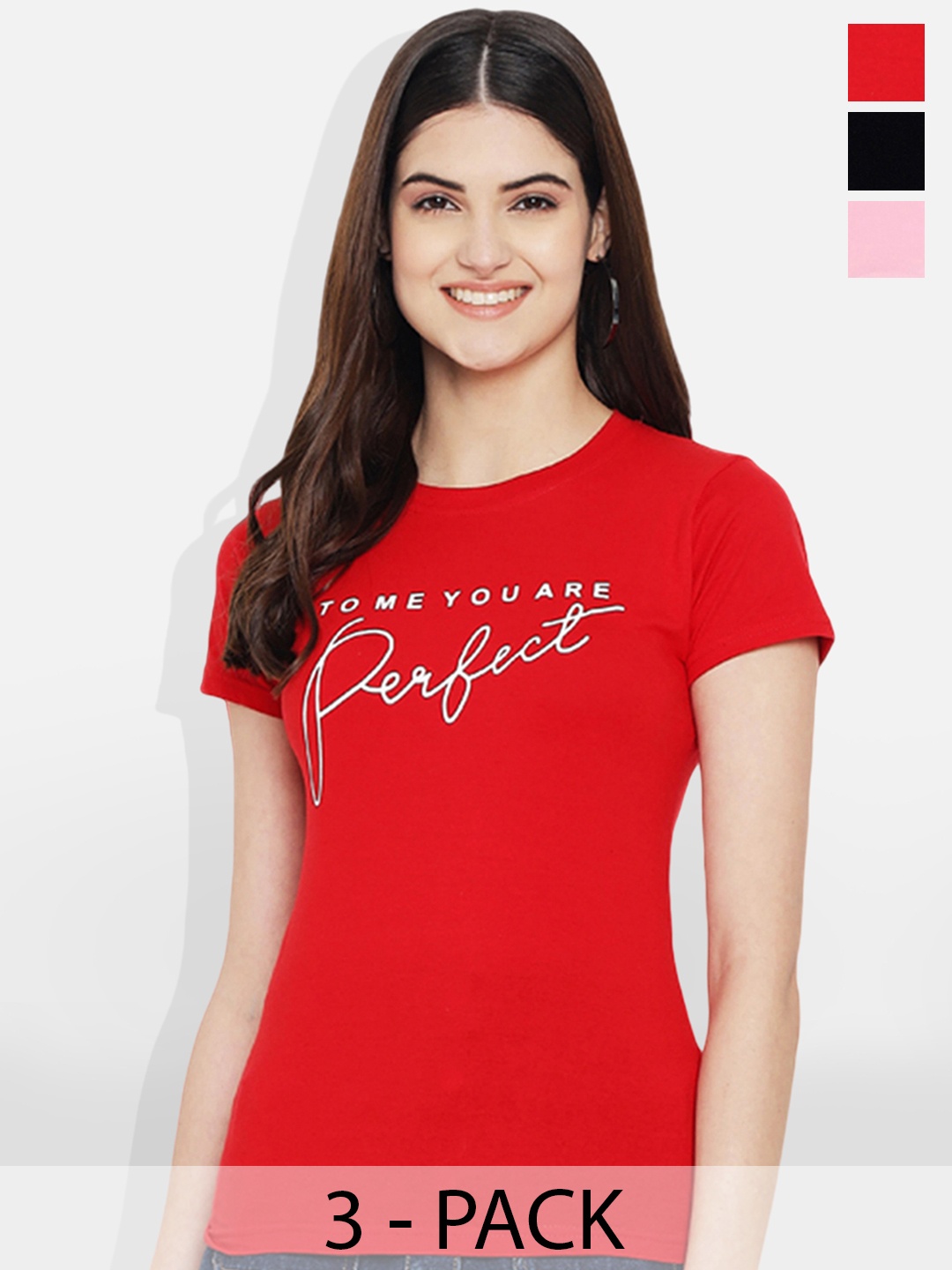 

Fabflee Pack Of 3 Typography Printed Cotton T-shirt, Pink