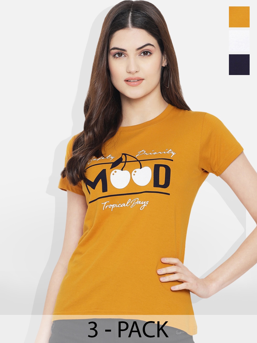 Fabflee Pack Of 3 Typography Printed Cotton T-shirt, White