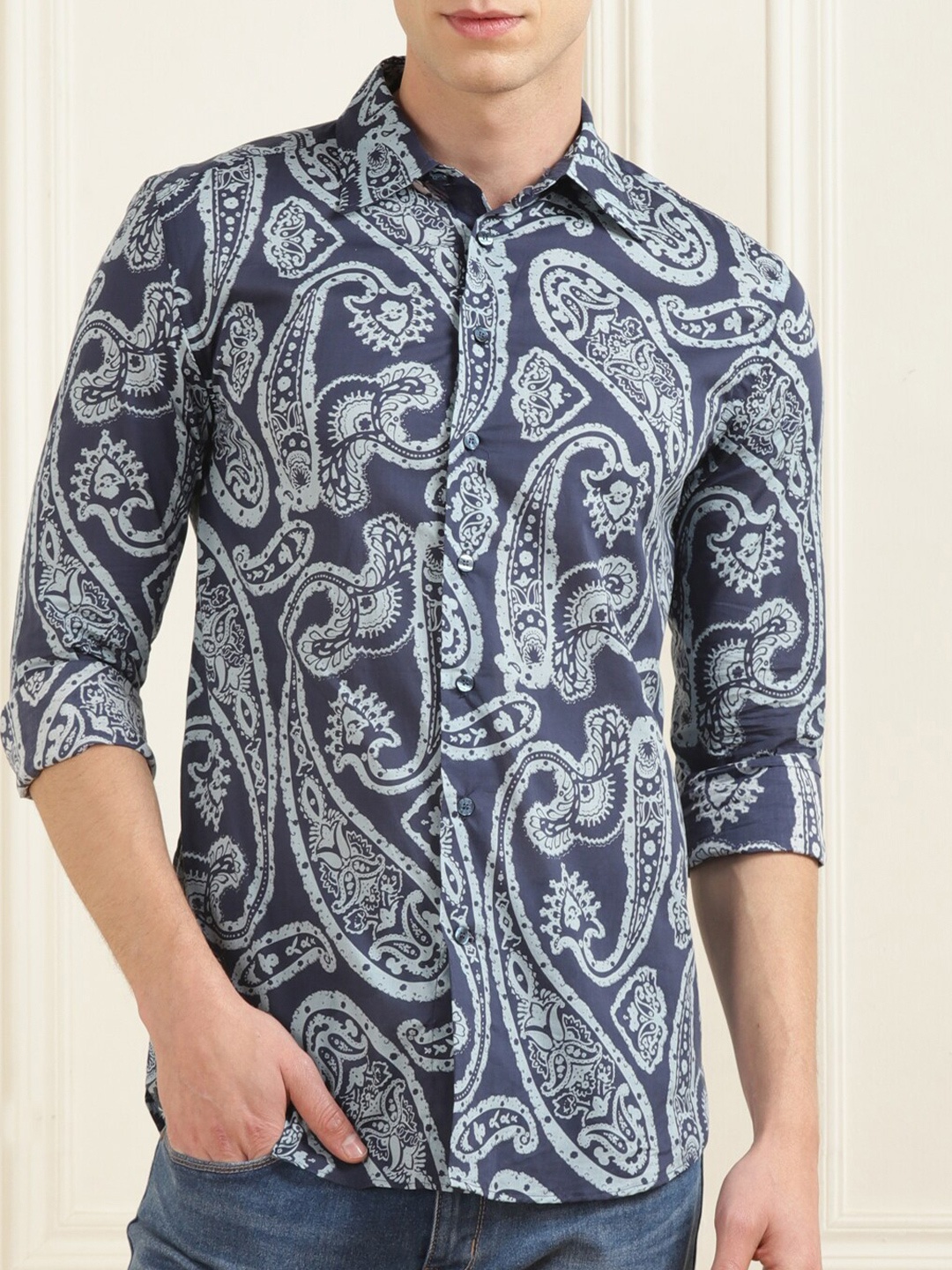 

ETRO Ethnic Motifs Printed Cotton Casual Shirt, Navy blue