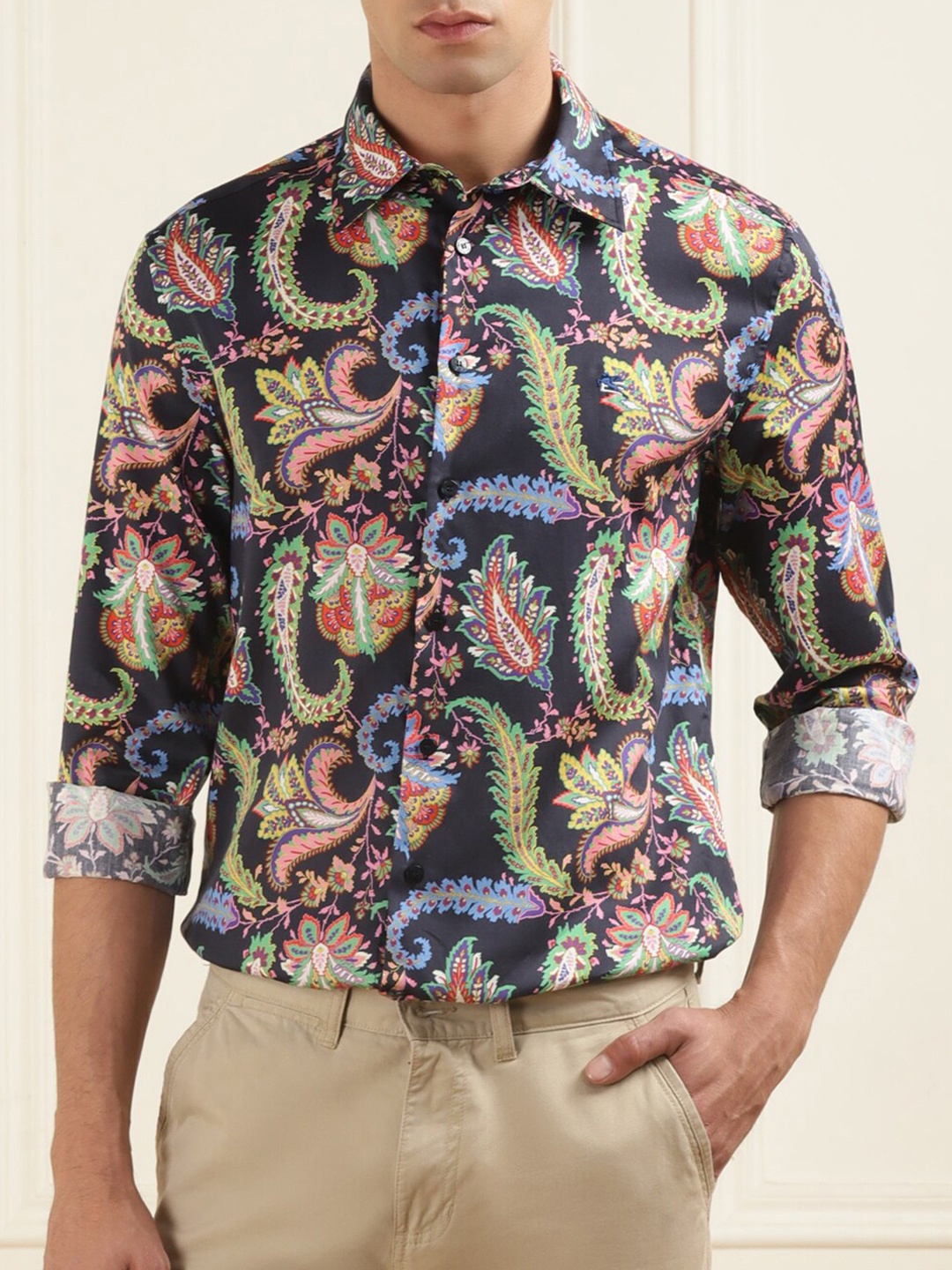 

ETRO Spread Collar Ethnic Motifs Printed Cotton Casual Shirt, Navy blue