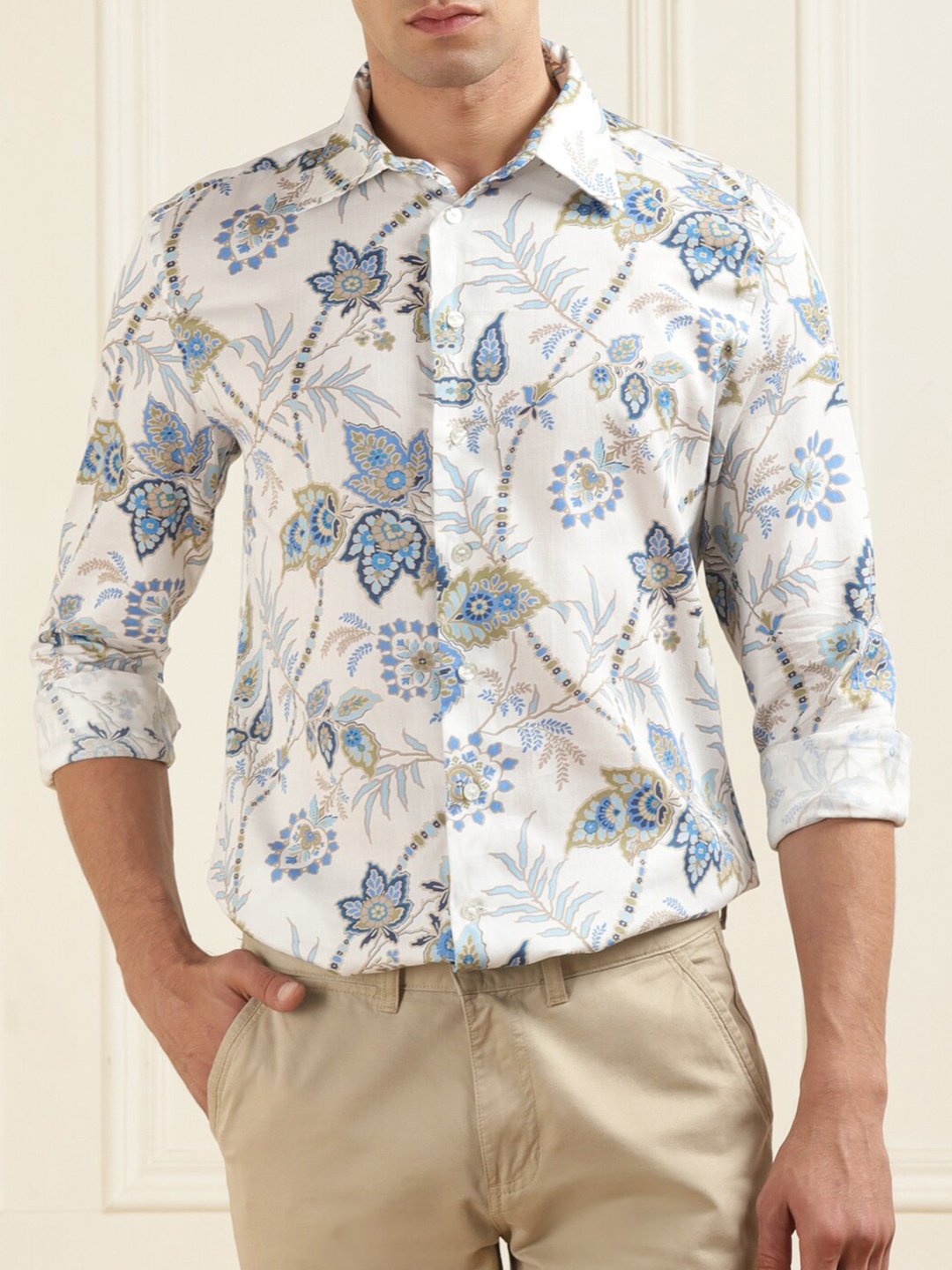 

ETRO Spread Collar Ethnic Motifs Printed Cotton Casual Shirt, White