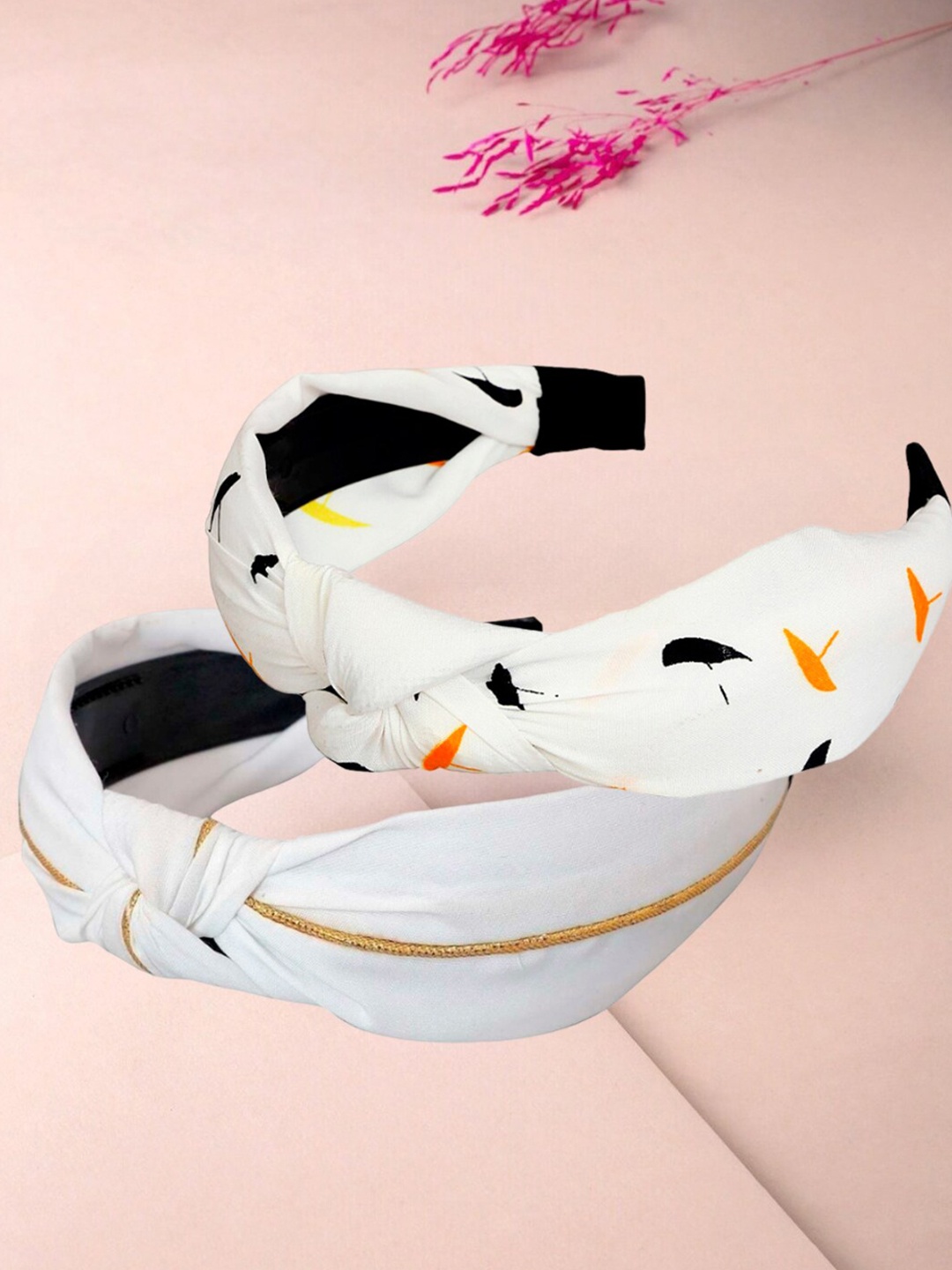 

OOMPH Set of 2 Printed Satin Knotted Hairband, White