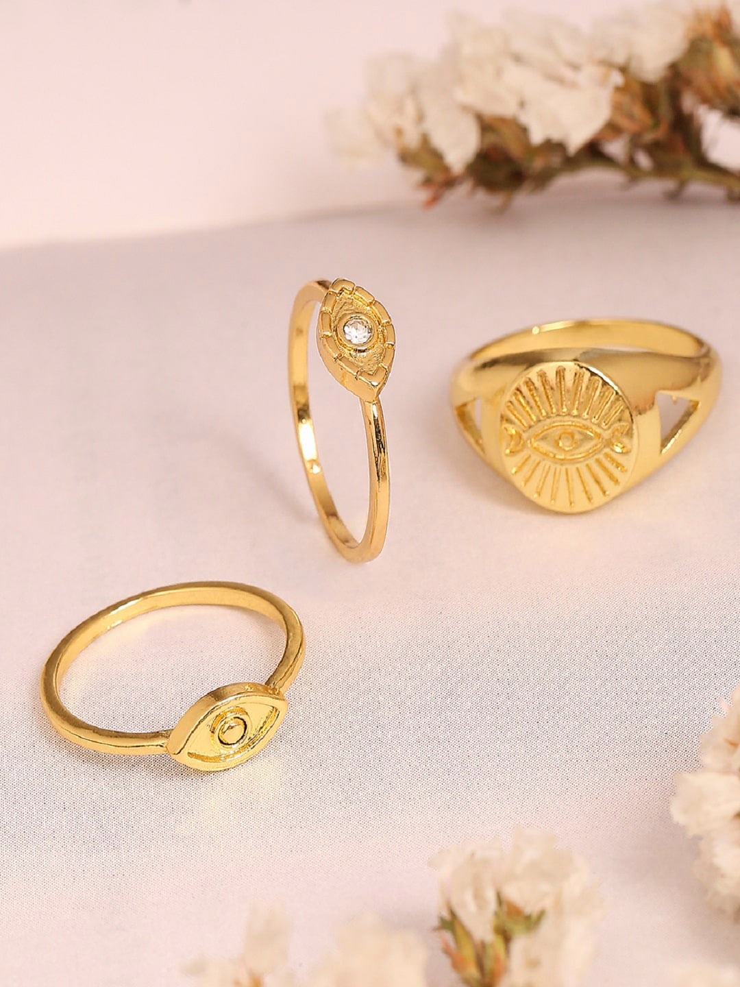 

OOMPH 3Pcs Gold-Plated Evil Eye Good Luck Finger Ring