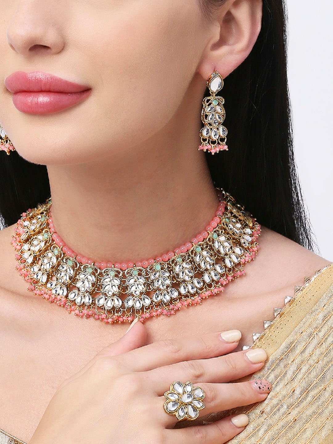 

OOMPH Kundan Studded & Beaded Jadau Jewellery Set, Gold