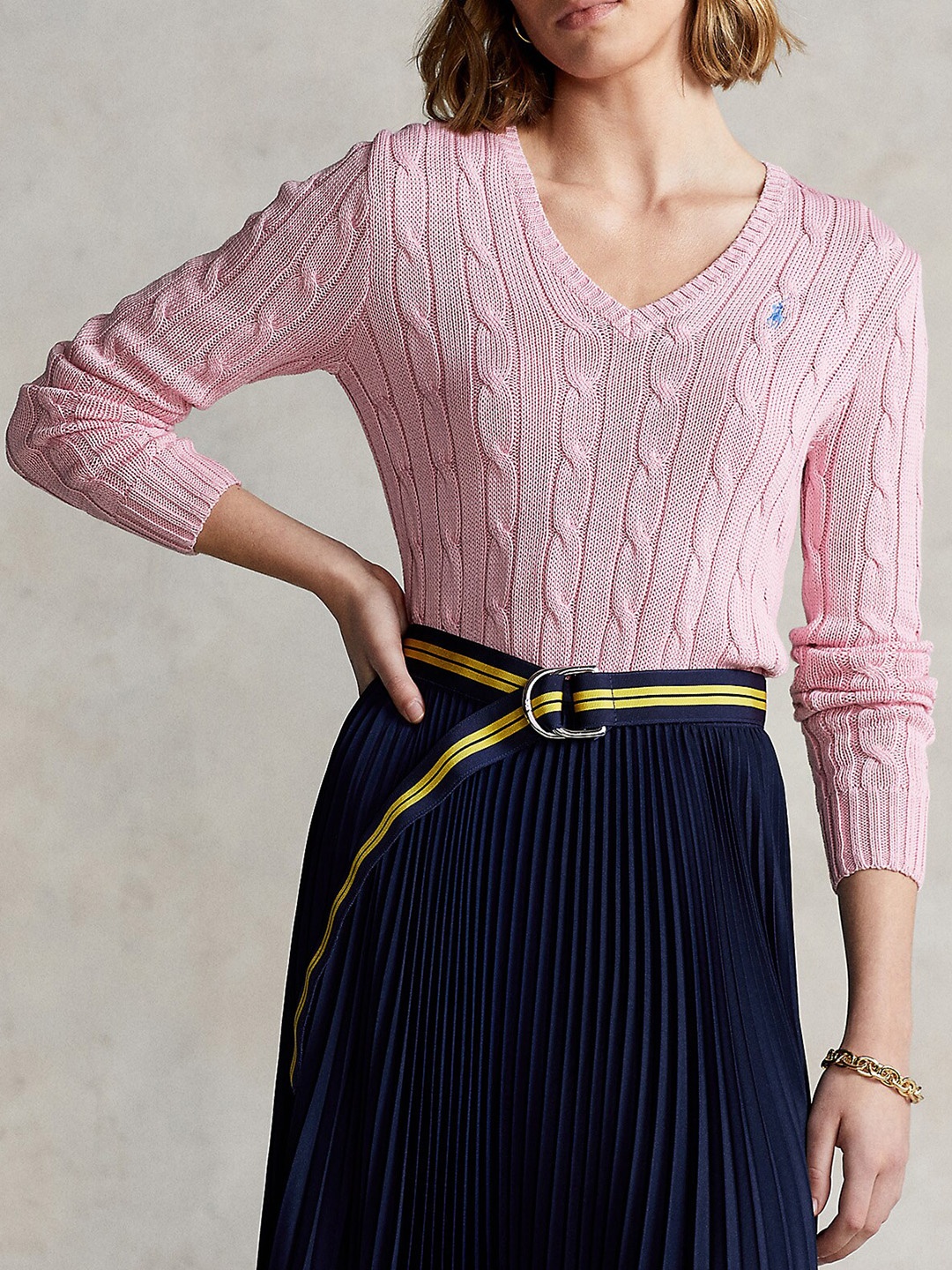 

Polo Ralph Lauren Self-Design Cable-Knit V-Neck Cotton Sweater, Pink