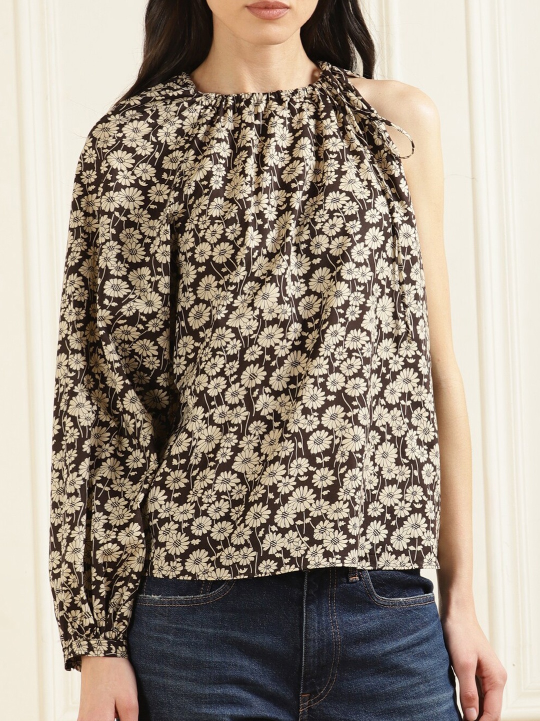 

Polo Ralph Lauren Floral Printed Cotton One-Sleeve Blouse Top, Brown