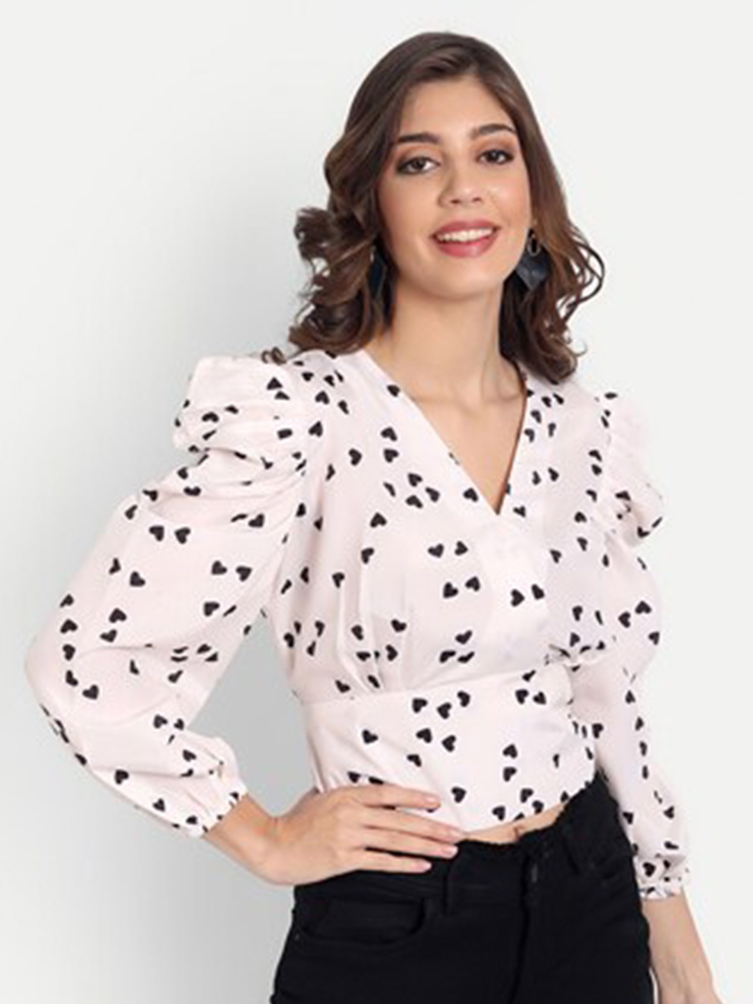 Masakali.Co Printed Puff Sleeve Blouson Crop Top, Rose