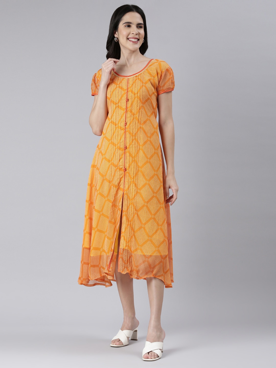 

Souchii Abstract Printed Puff Sleeves Semi Sheer A-Line Chiffon Midi Ethnic Dress, Mustard