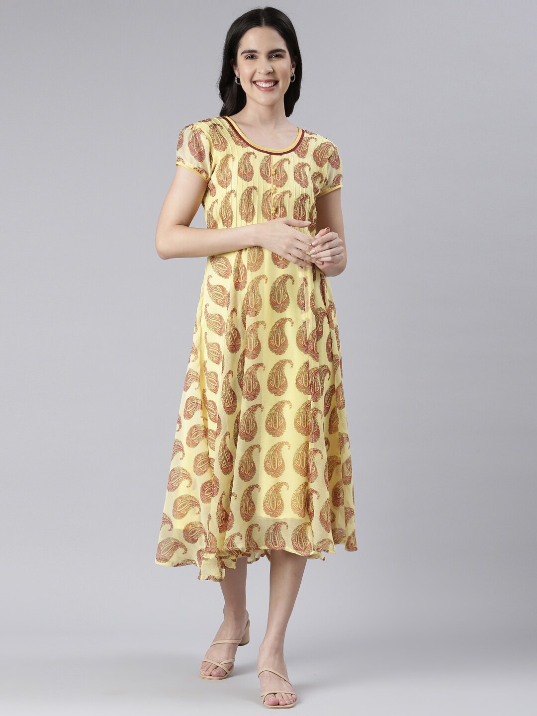 

Souchii Paisley Printed Pleated A-Line Chiffon Midi Ethnic Dress, Yellow