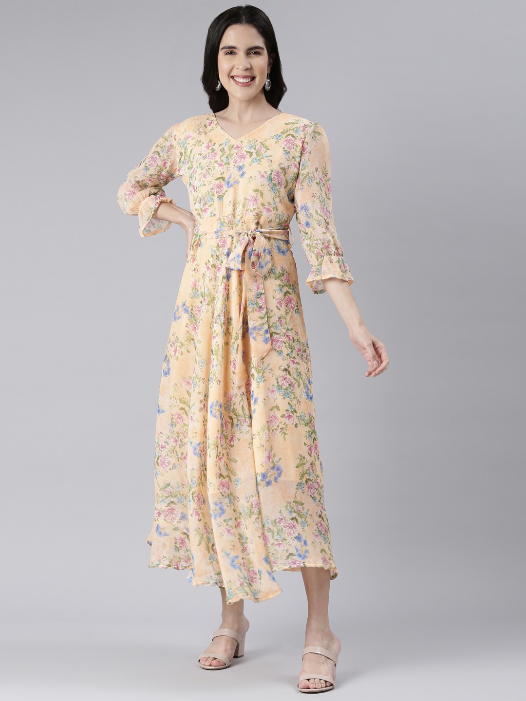 

Souchii Floral Printed Bell Sleeve V-Neck Belted Chiffon Fit & Flare Midi Dress, Peach