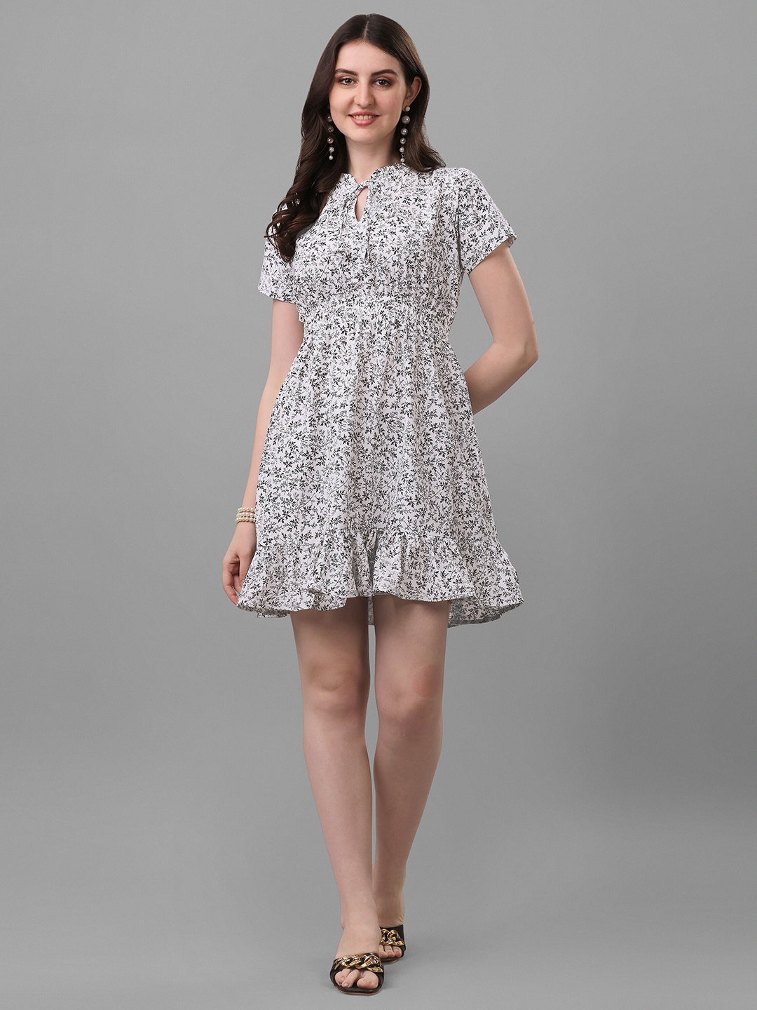 

FAVRIZ Floral Printed Tie-Up Neck Fit & Flare Mini Dress, Black