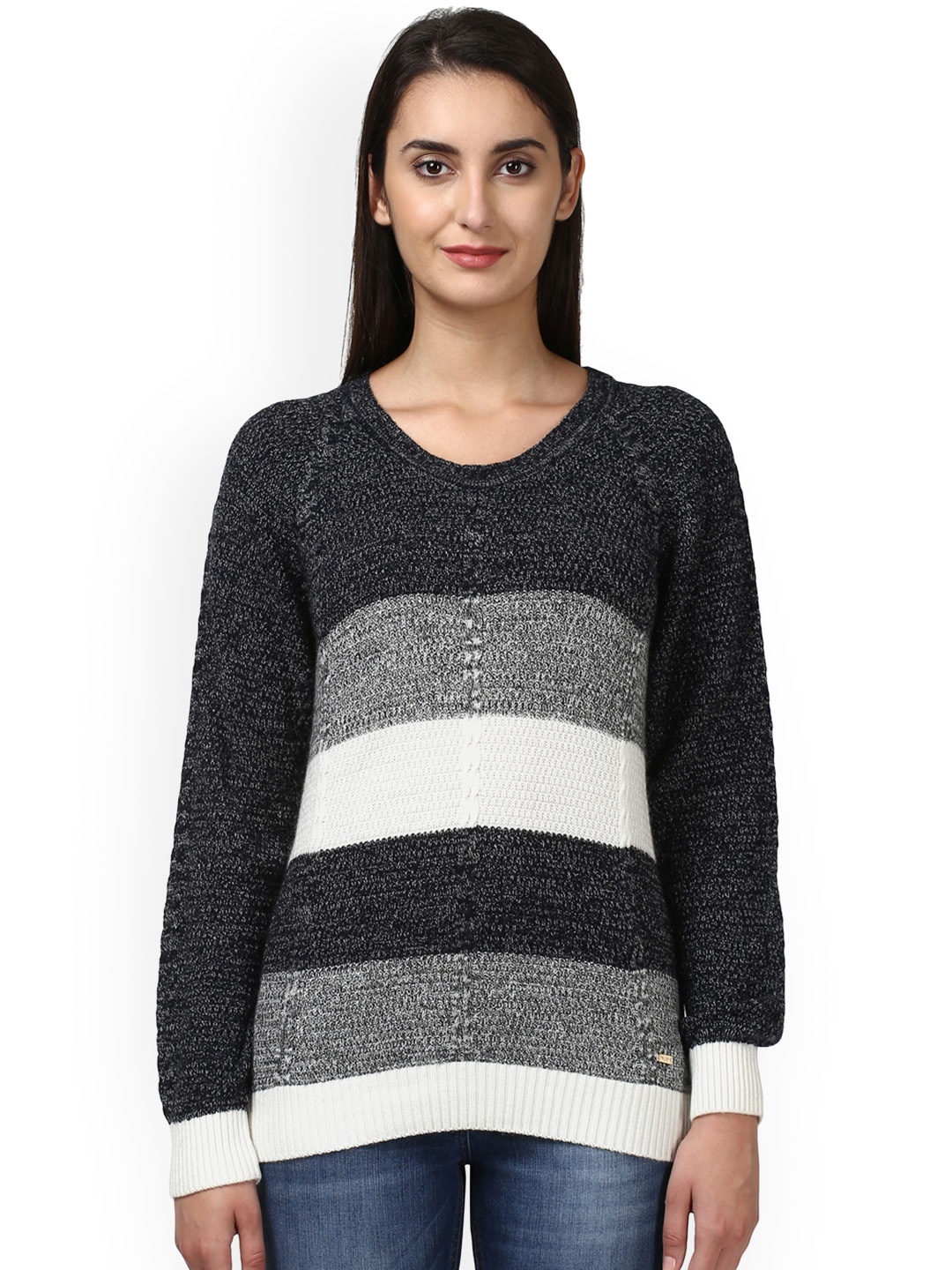 

Park Avenue Women Grey & White Colourblocked Pullover