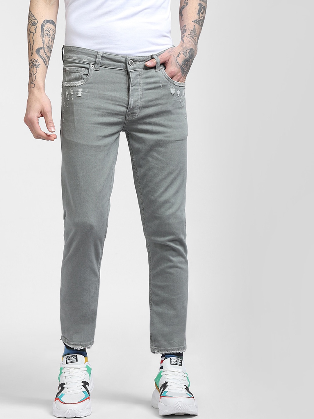 

Jack & Jones Men Slim Fit Low-Rise Low Distress Cotton Jeans, Grey