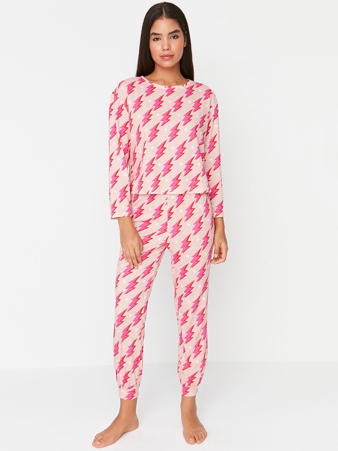 

Trendyol Geometric Printed Night Suit, Pink