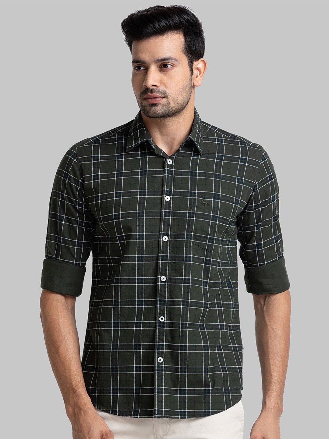 

Parx Slim Fit Checked Organic Cotton Casual Shirt, Green